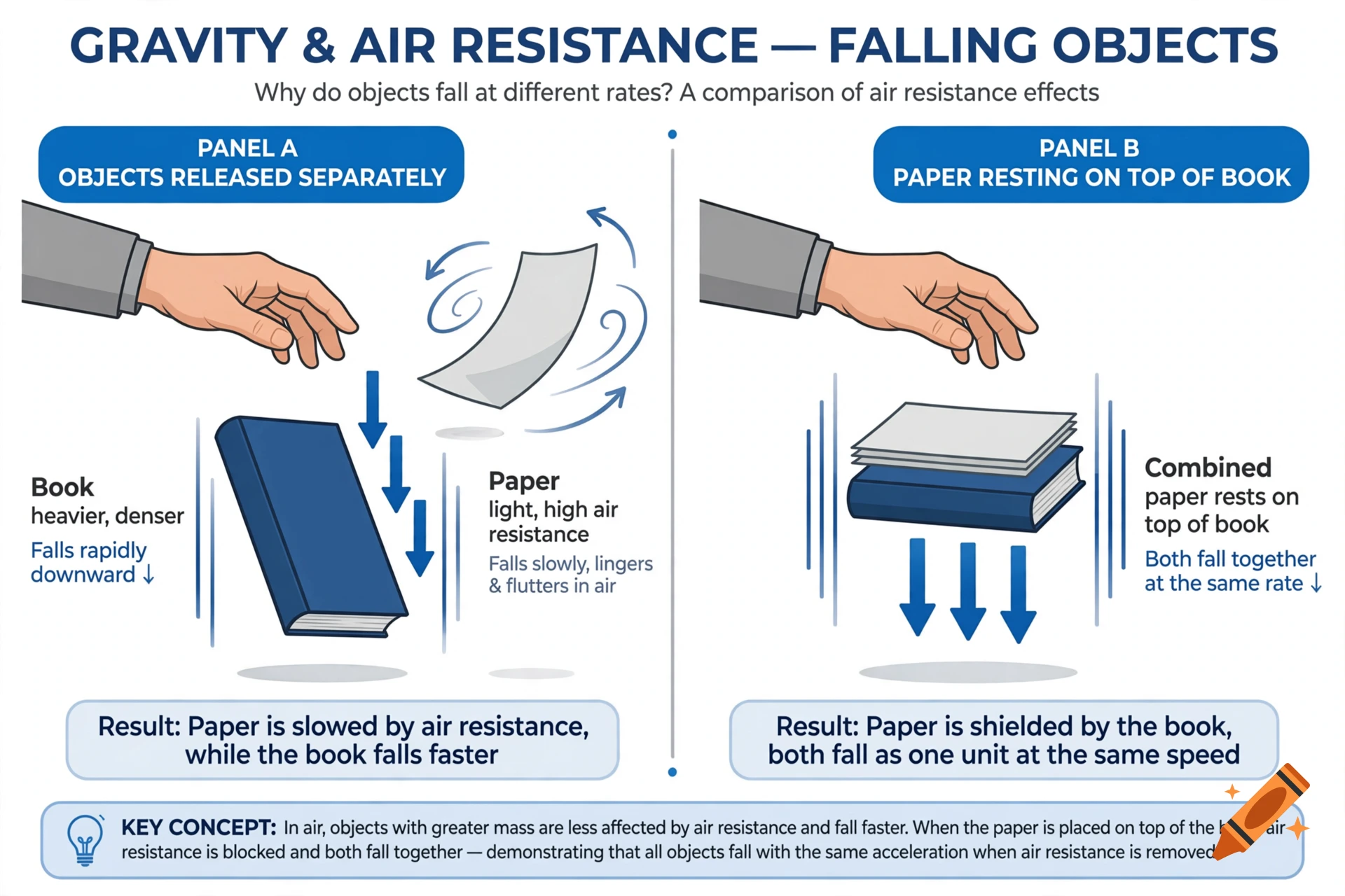 Educational infographic illustrating gravity and air resistance with two panels showing falling objects.