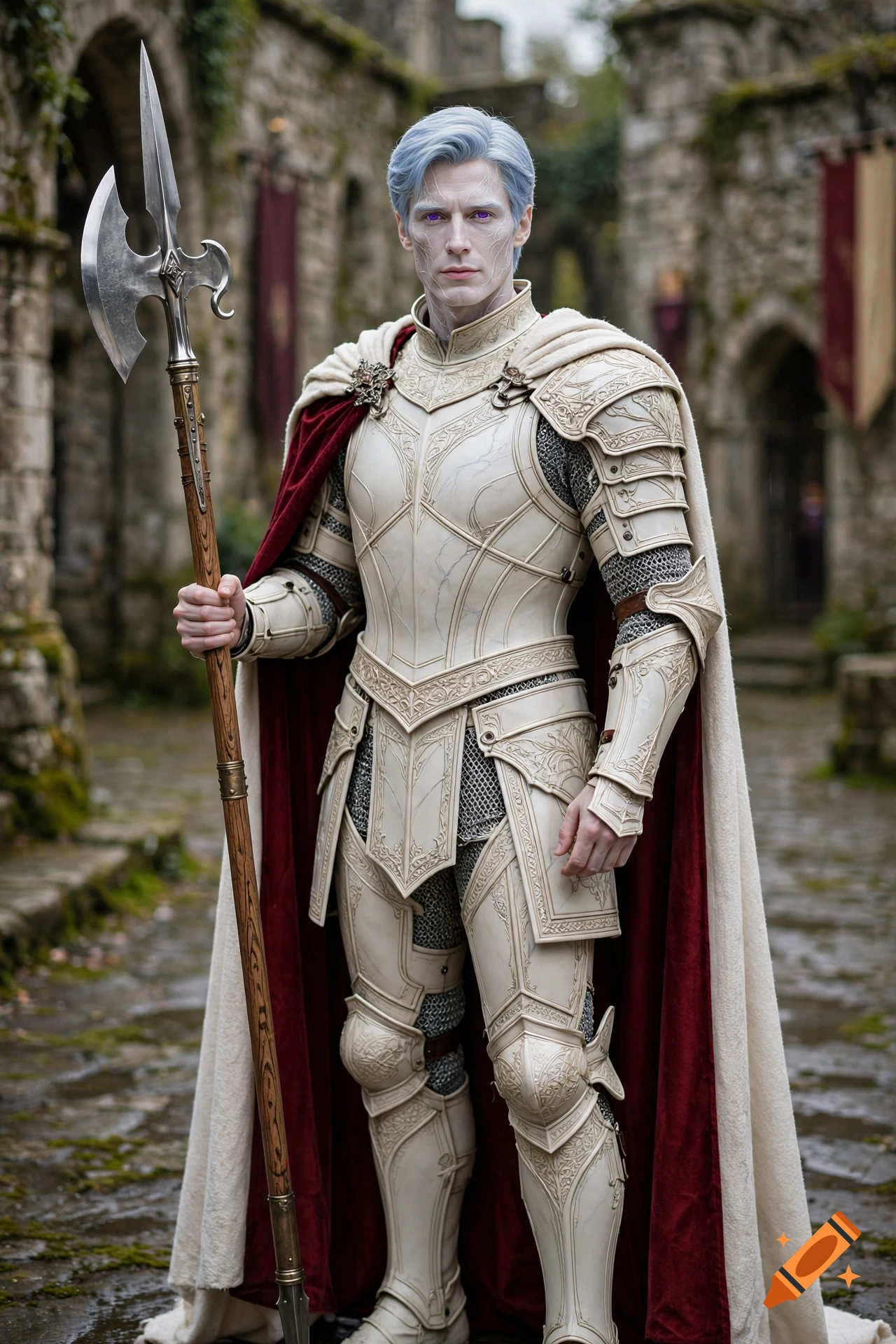 Photorealistic portrait of a handsome male knight with light blue hair and pearly white skin, wearing ornate ivory armor and a burgundy cape, holding a halberd in an ancient stone courtyard.