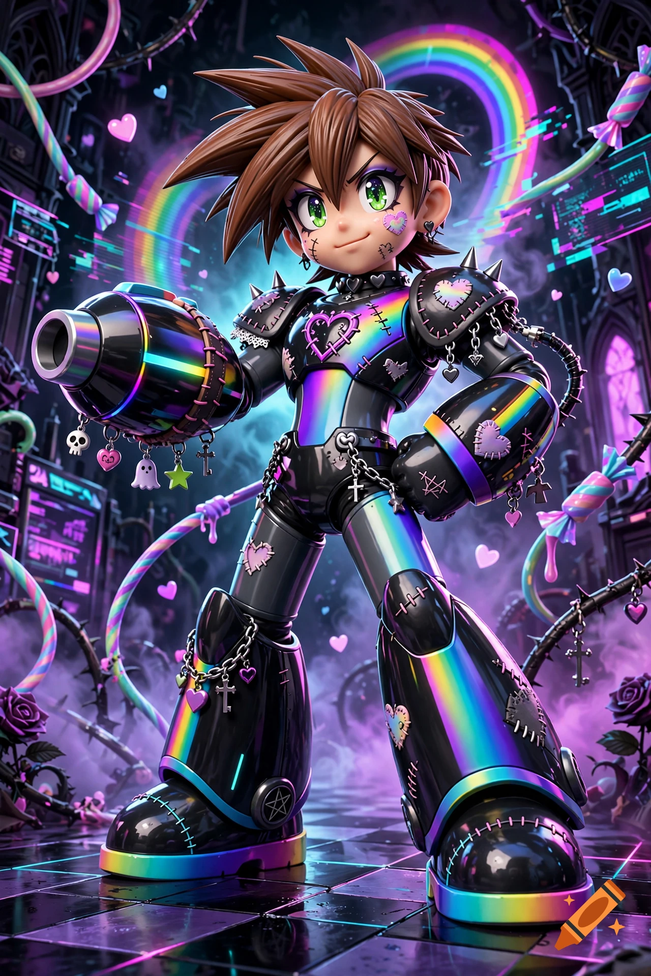 3D cartoon character in black and rainbow armor with a mega-buster cannon, gothic and pastel elements, set against a dark, magical background.