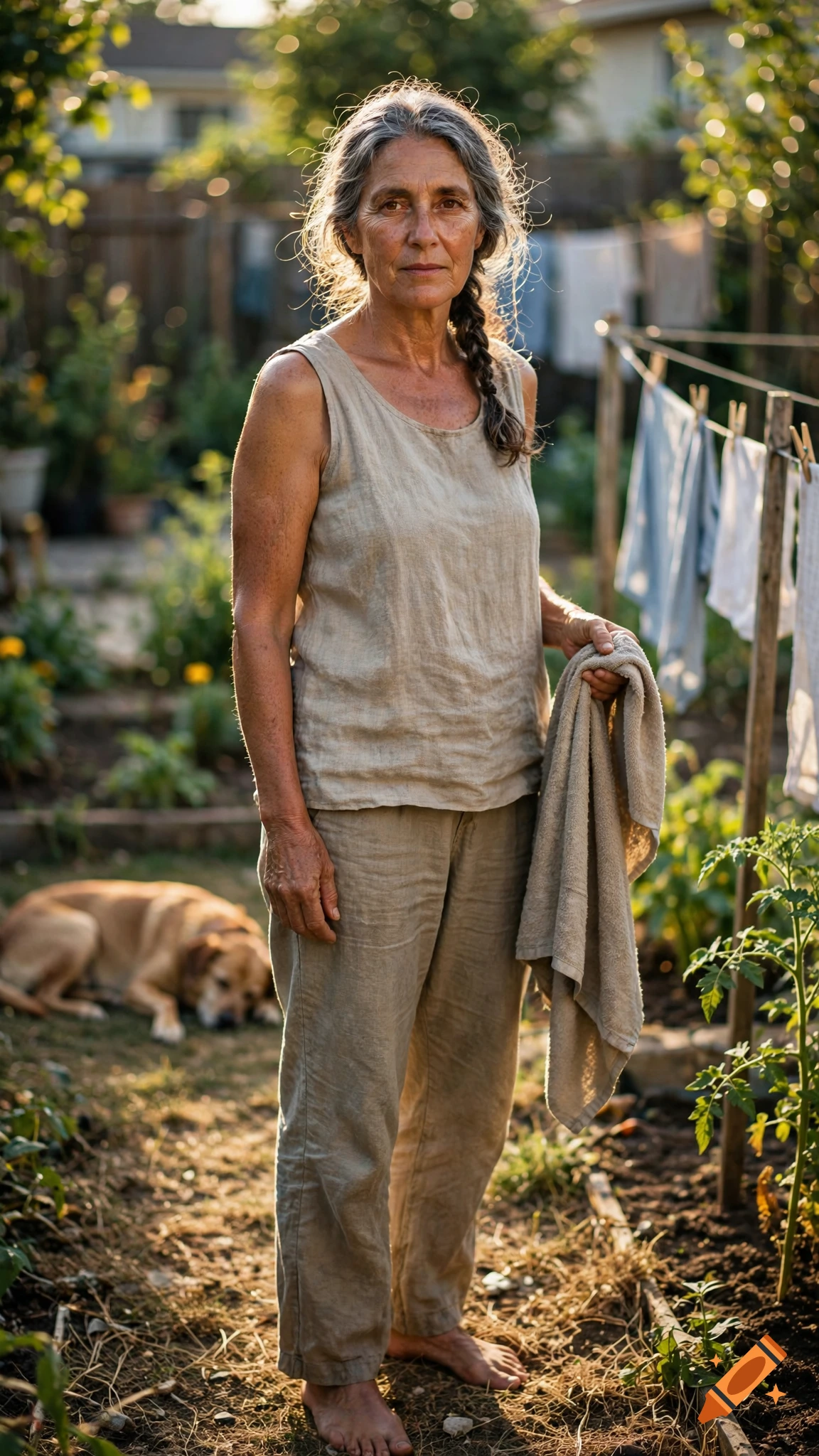 Photorealistic portrait of a woman in her 50s standing barefoot in a garden holding a towel, with a dog resting nearby.