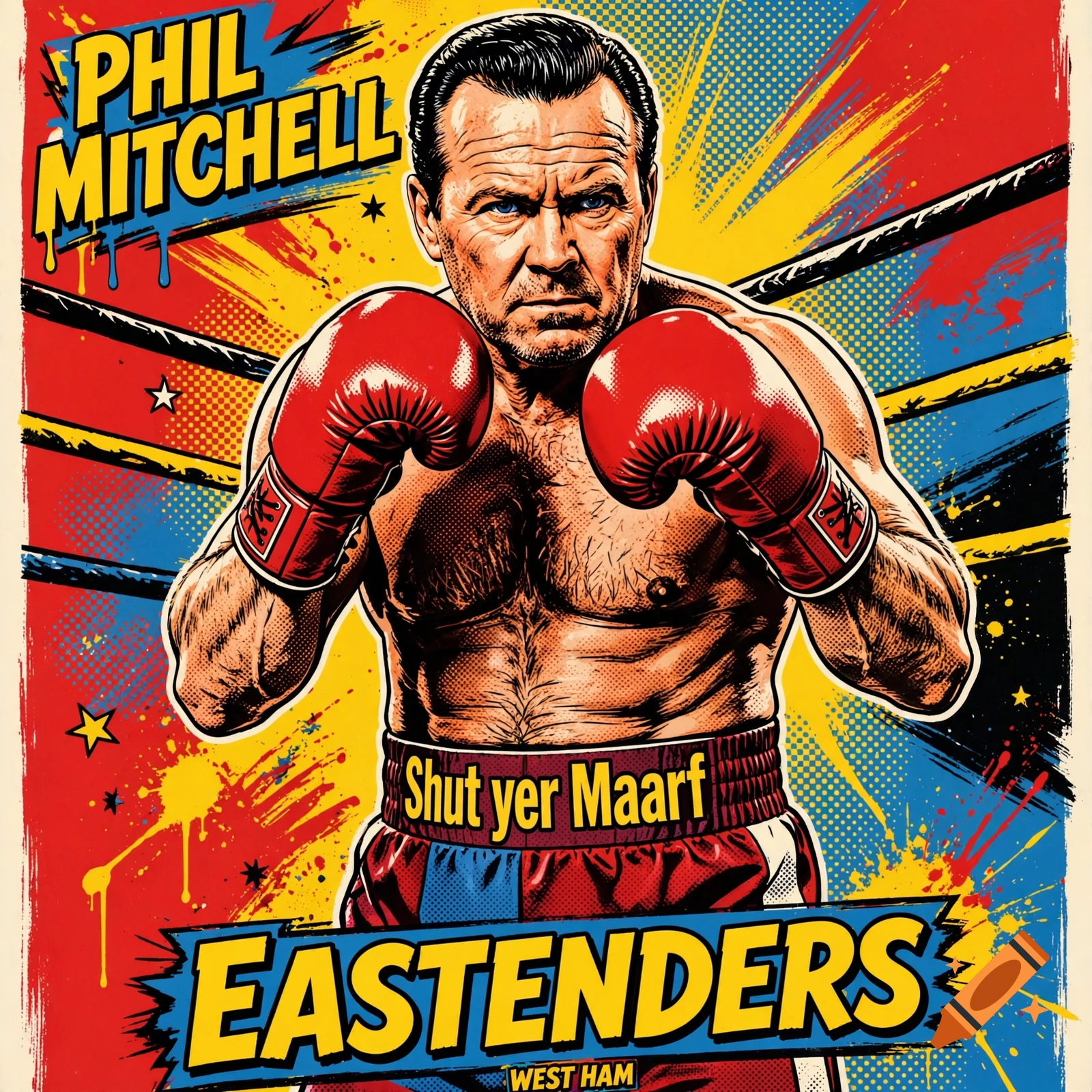 Pop art style illustration of Phil Mitchell as a boxer with red gloves and Eastenders branding.