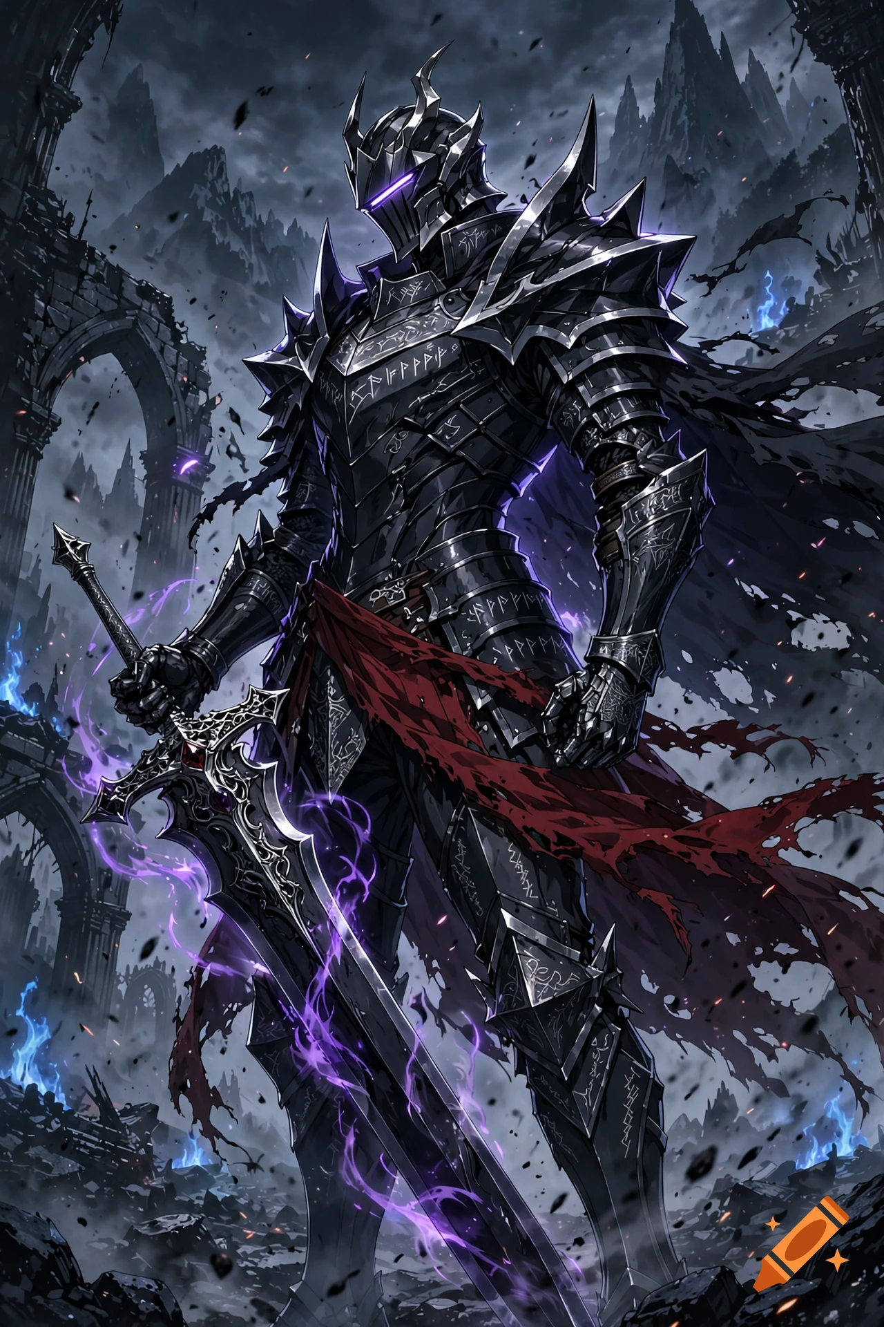 An anime-style fantasy black knight in dark spiked armor holding a glowing purple sword amidst ruins.