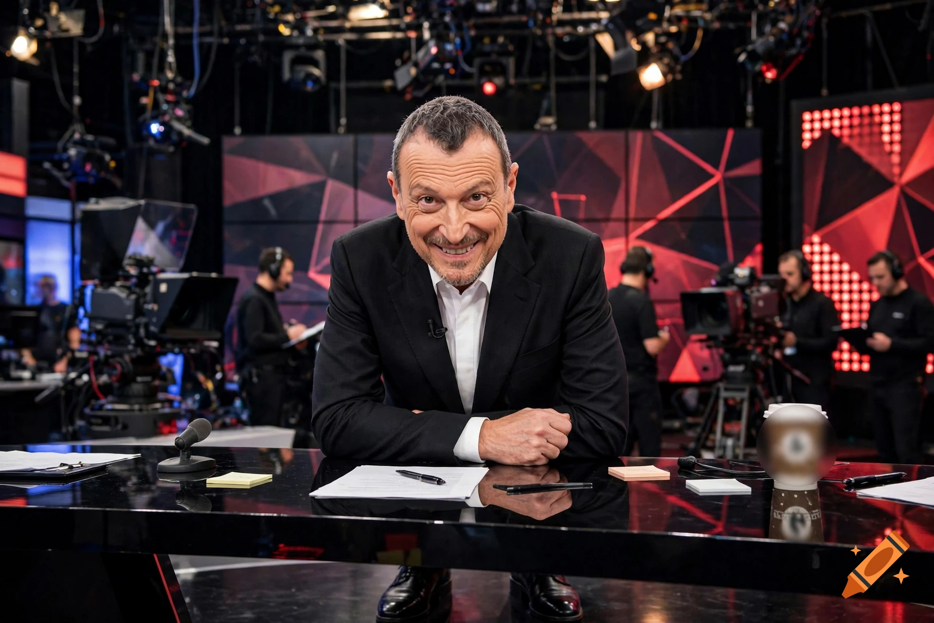 A smiling man leaning over a desk in a television studio with cameras and crew members in the background, photorealistic.