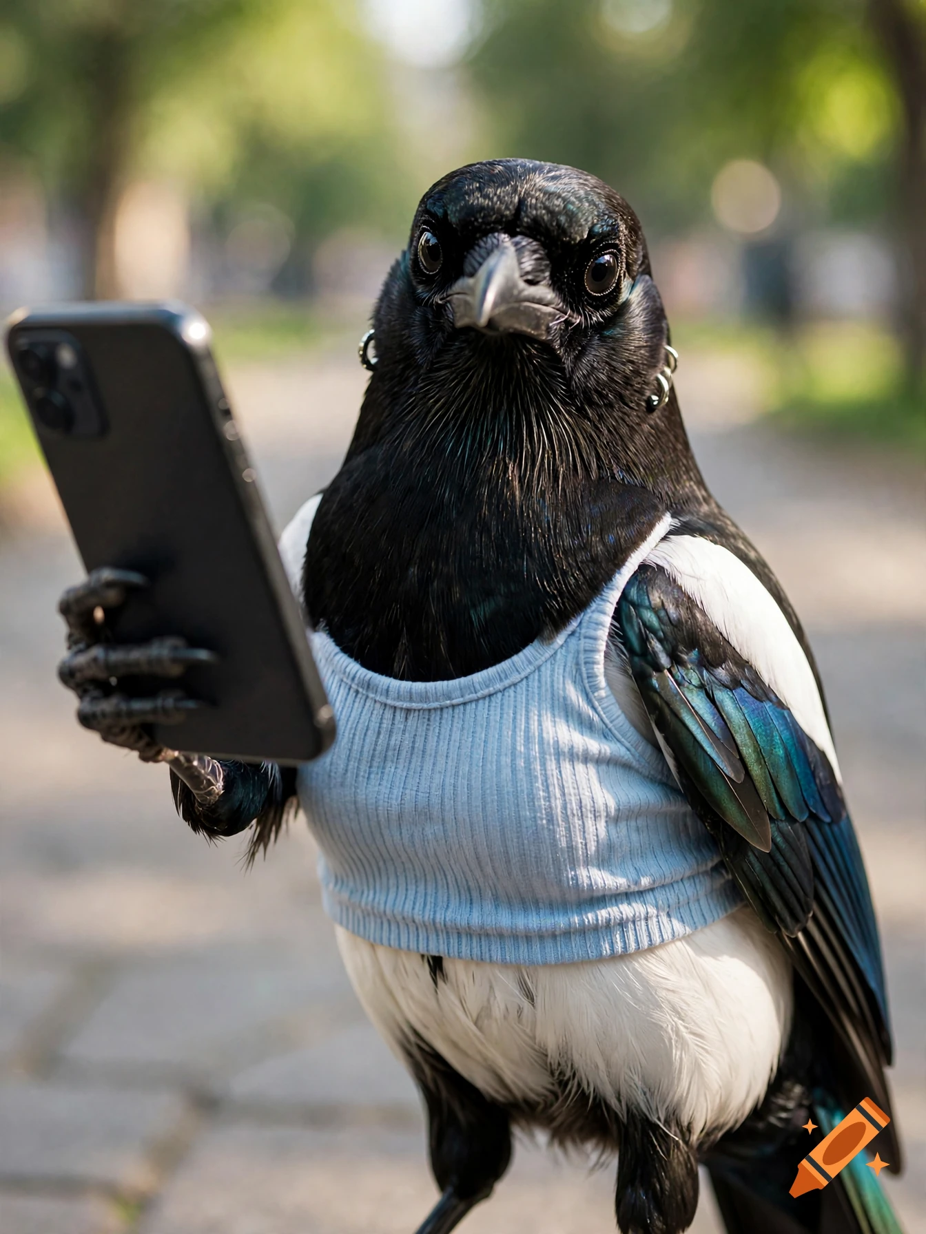 Photorealistic close-up of a magpie wearing a light blue crop top and hoop earrings while holding a smartphone.
