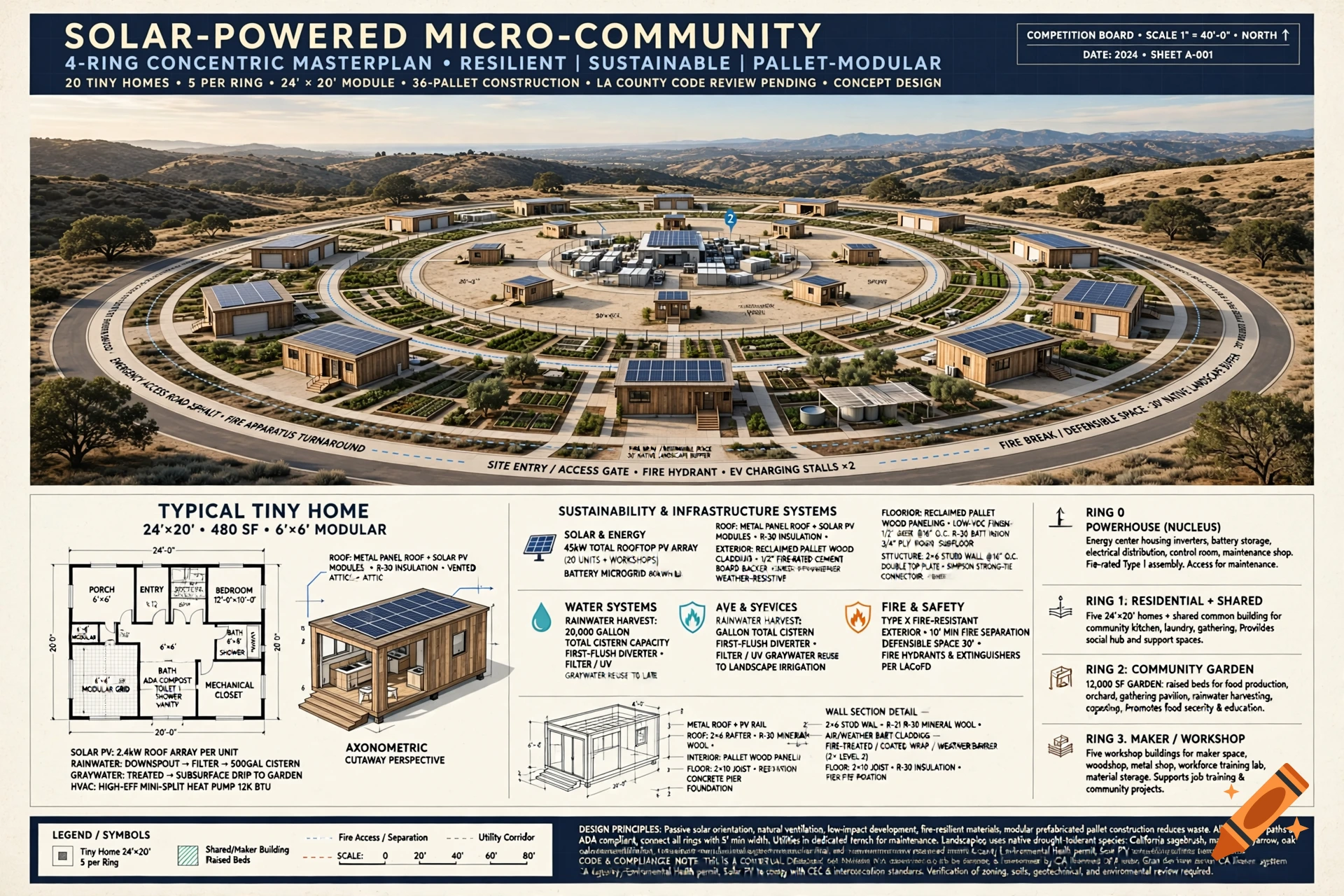 Architectural masterplan and technical drawings for a solar-powered micro-community of tiny homes in a circular layout.