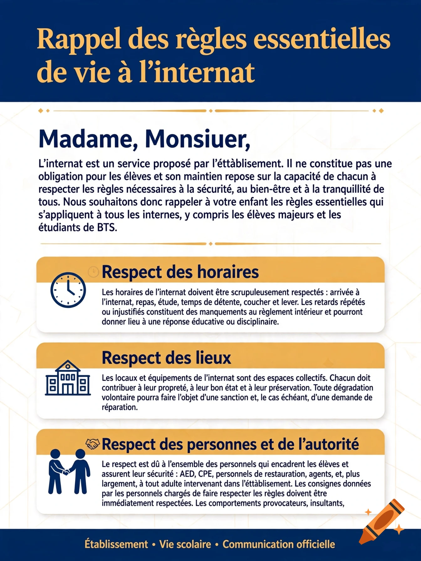 Informational poster in French titled Rappel des regles essentielles de vie a l internat with blue and gold headers.