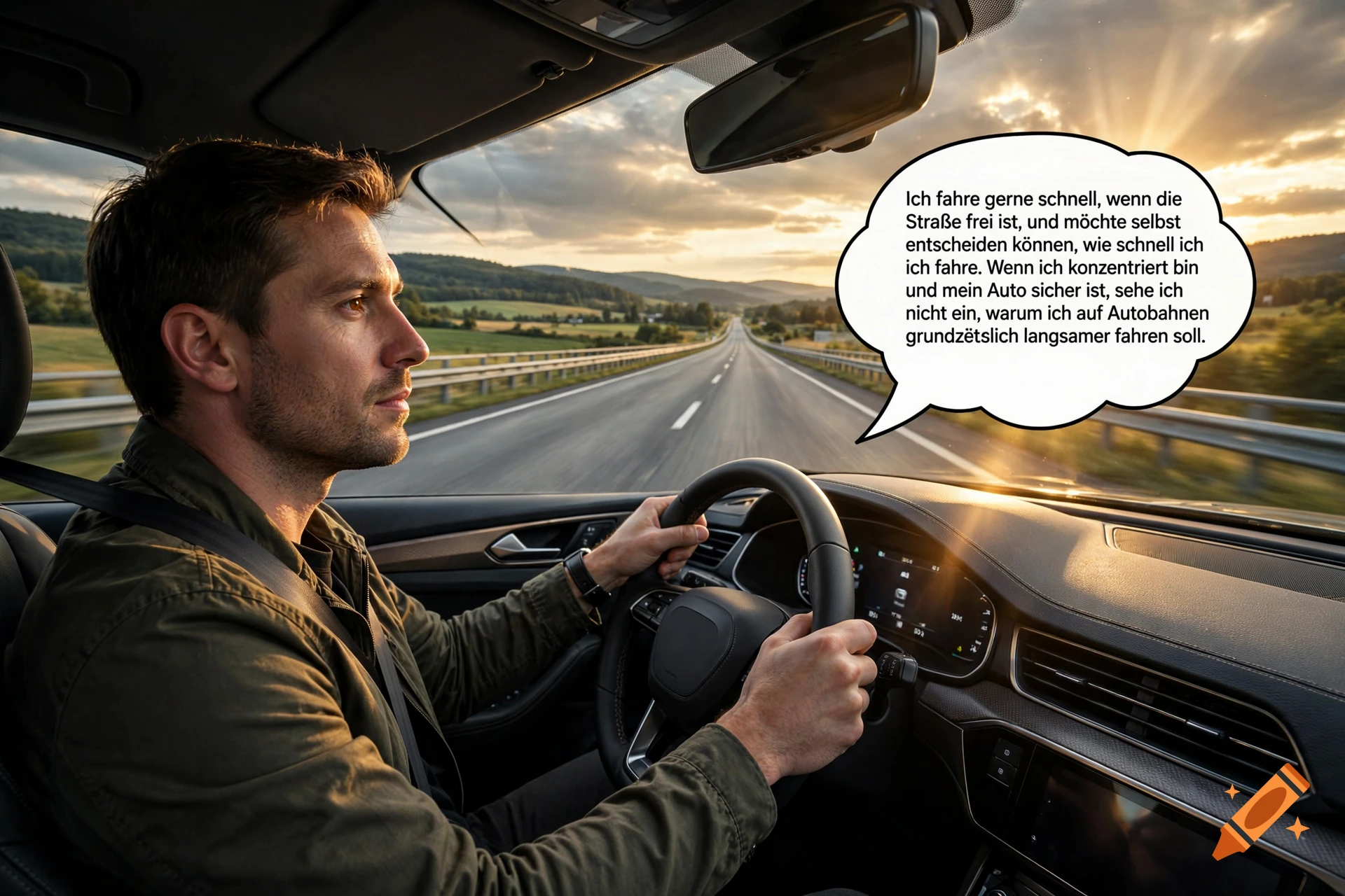 Photorealistic image of a man driving a car on a highway at sunset, with a speech bubble showing German text.