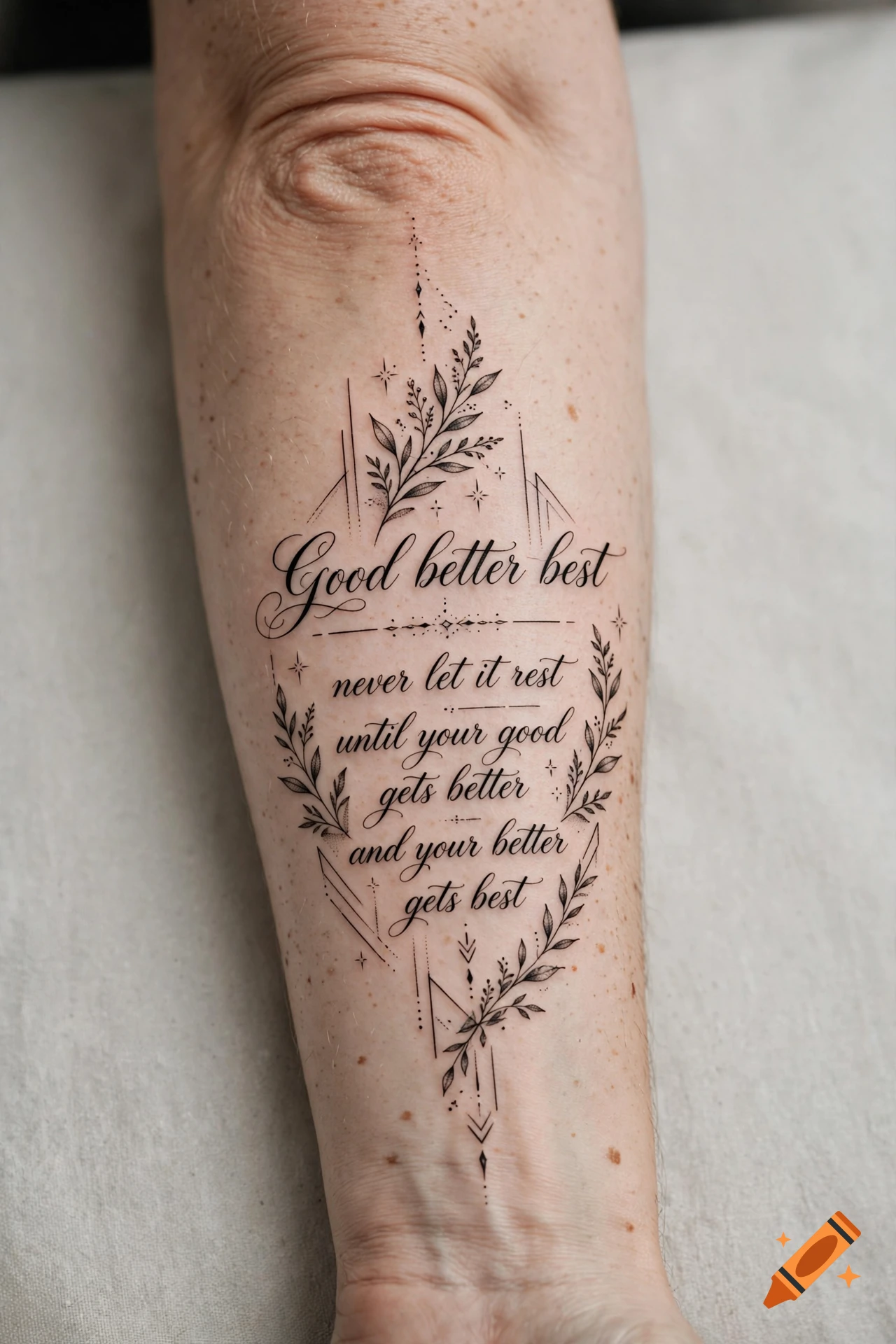Photorealistic close-up of a detailed fine-line tattoo on a forearm, featuring botanical elements and the quote 'Good better best'.
