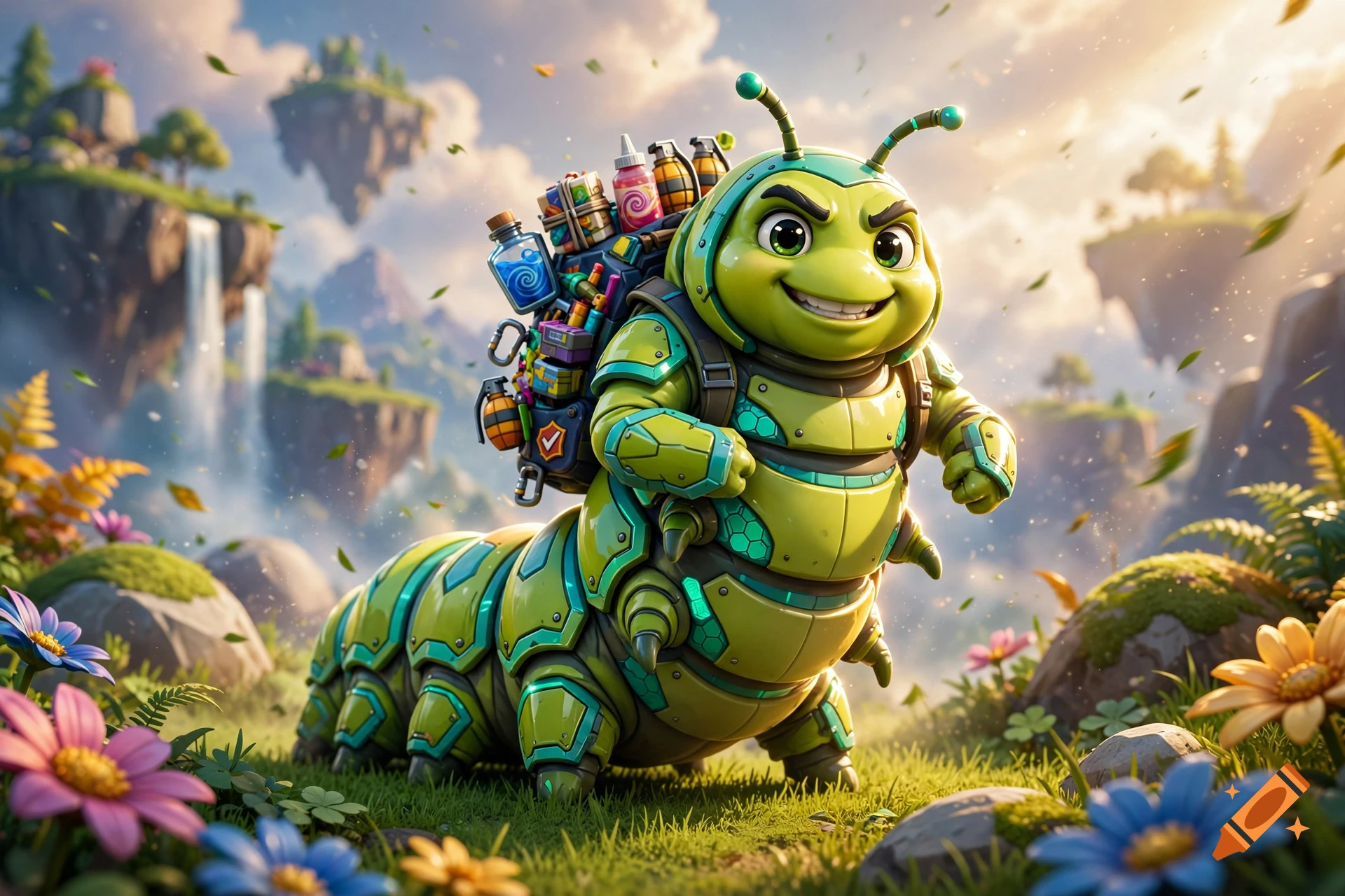 A cartoon caterpillar wearing green armor with a backpack, standing in a vibrant fantasy landscape with floating islands and colorful flowers.