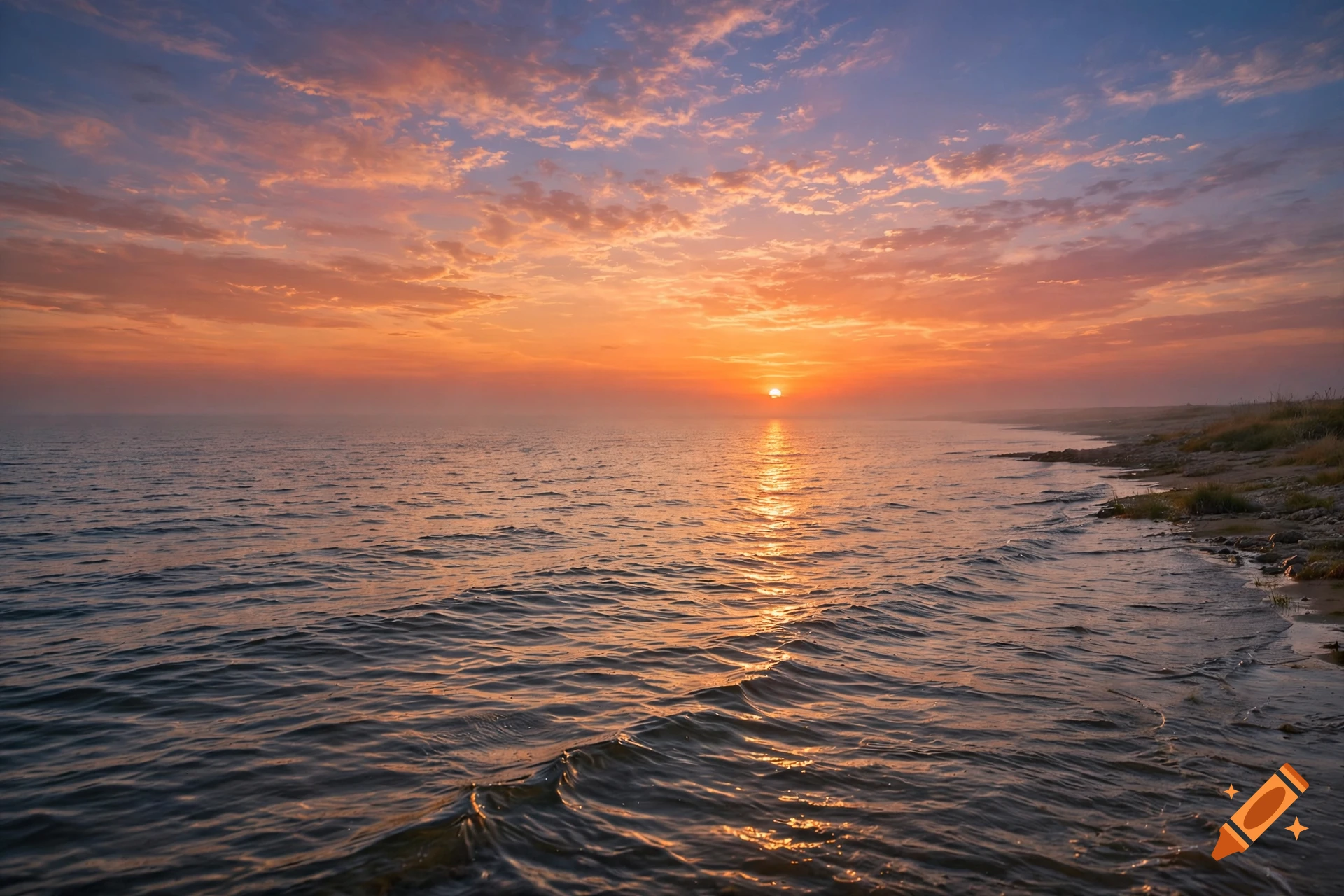 A serene coastal view during sunset, with gentle waves rippling across the water and a colorful sky filled with orange and purple clouds.