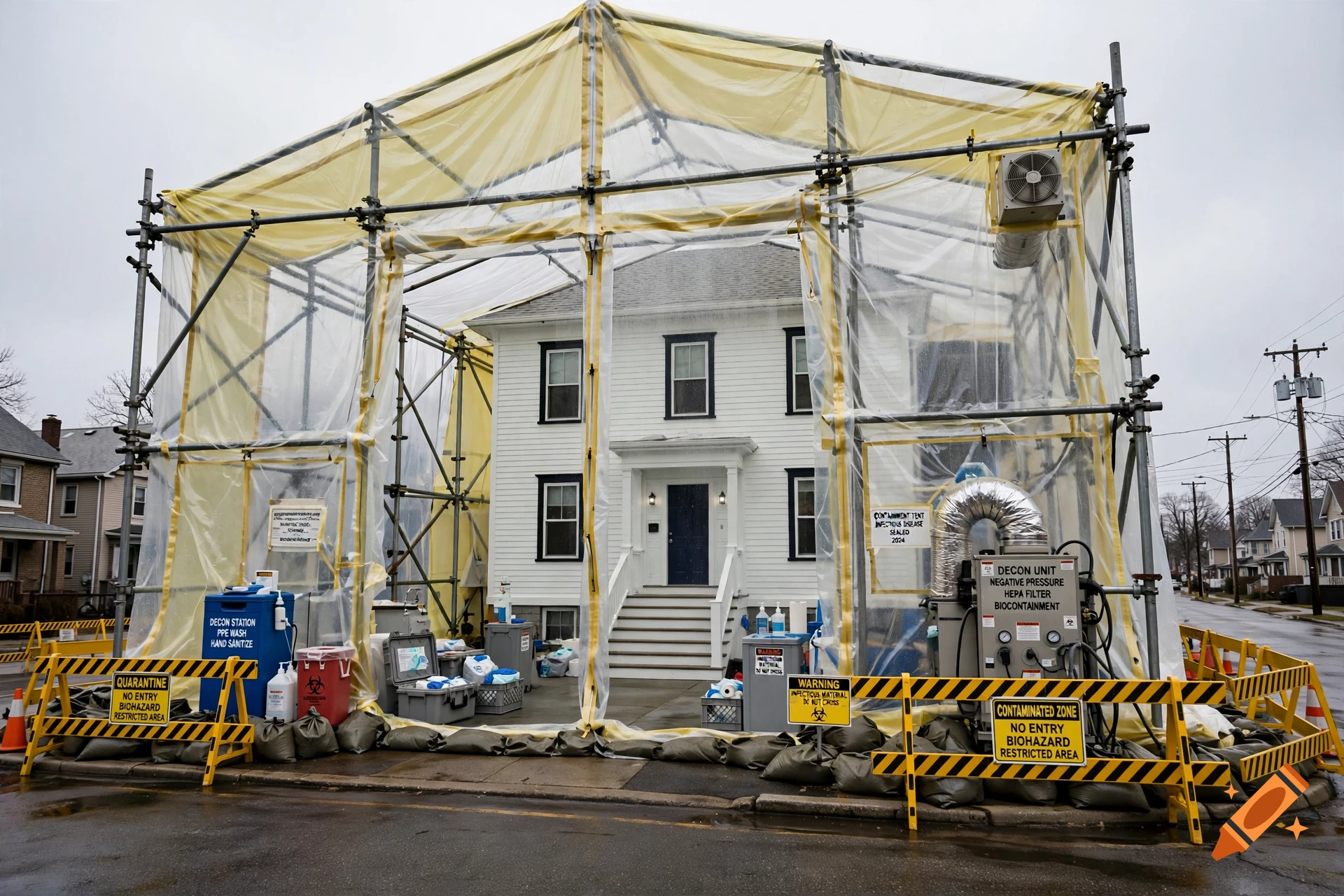 A white two-story house surrounded by a large yellow plastic containment tent and scaffolding on a residential street.