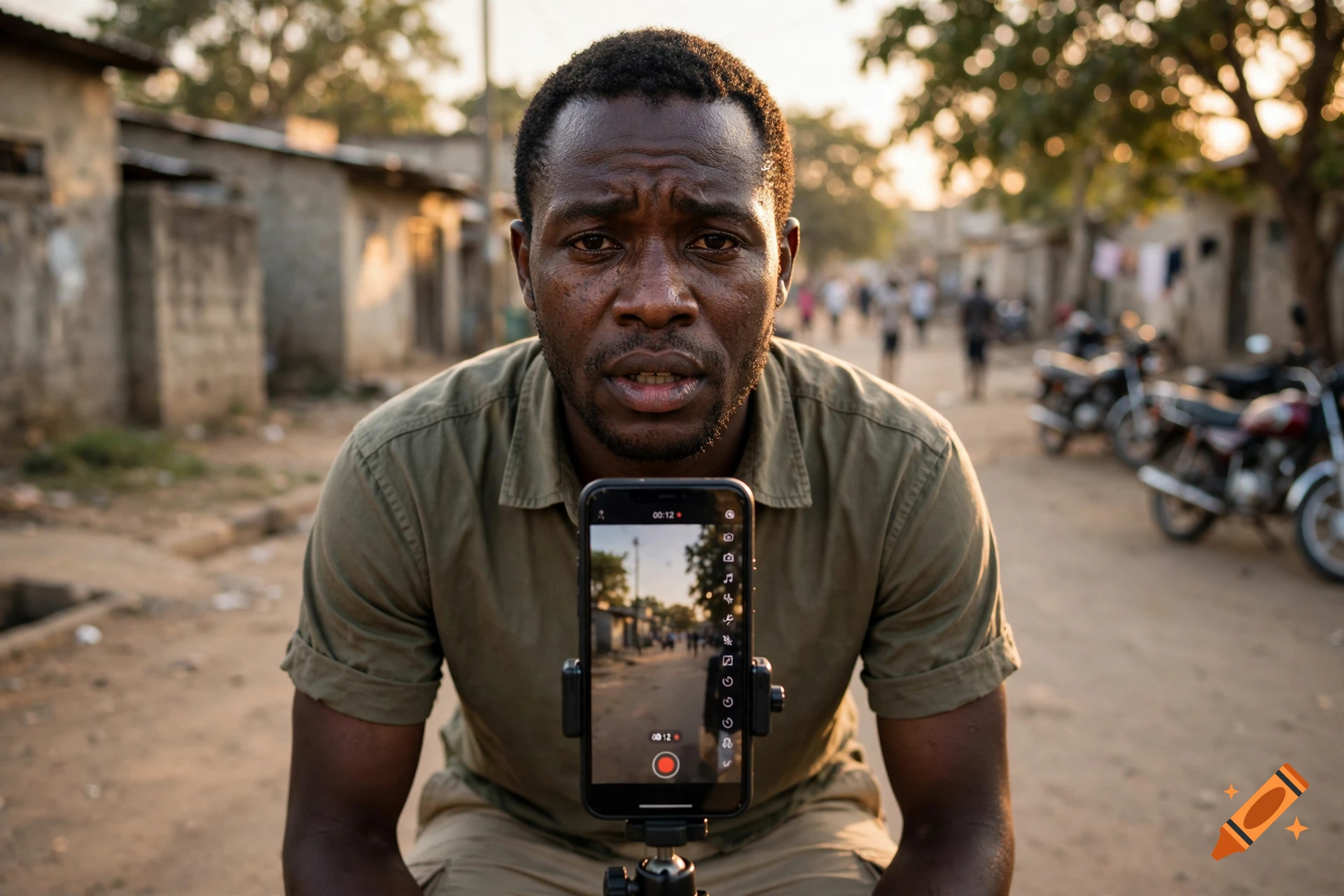 A man in a green shirt looking directly at the camera with a smartphone mounted on a tripod in the foreground recording a street scene.