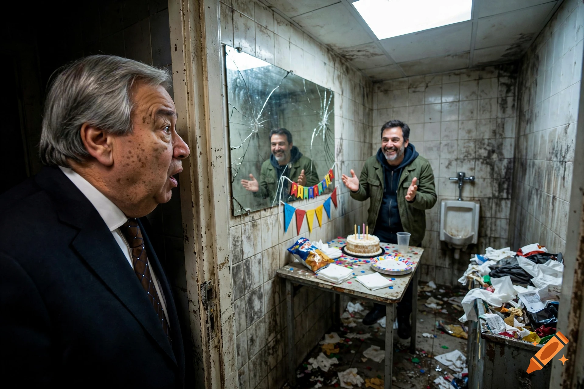Photorealistic image of Antonio Guterres looking surprised as a friend celebrates a birthday with cake in a filthy public toilet.
