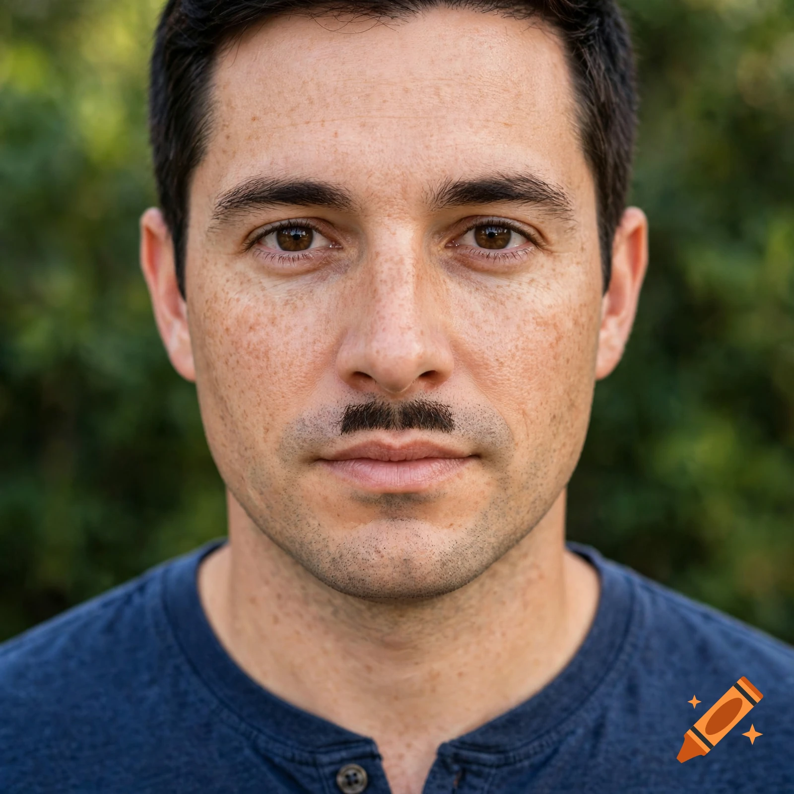 Close-up photorealistic portrait of a man with brown eyes, freckles, and a small toothbrush mustache.