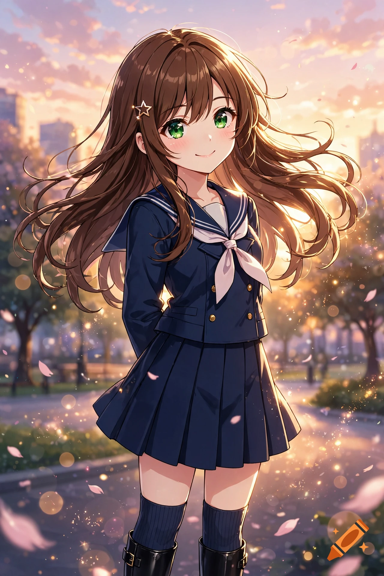 Anime girl with long brown hair and green eyes wearing a blue sailor school uniform in a park during sunset.
