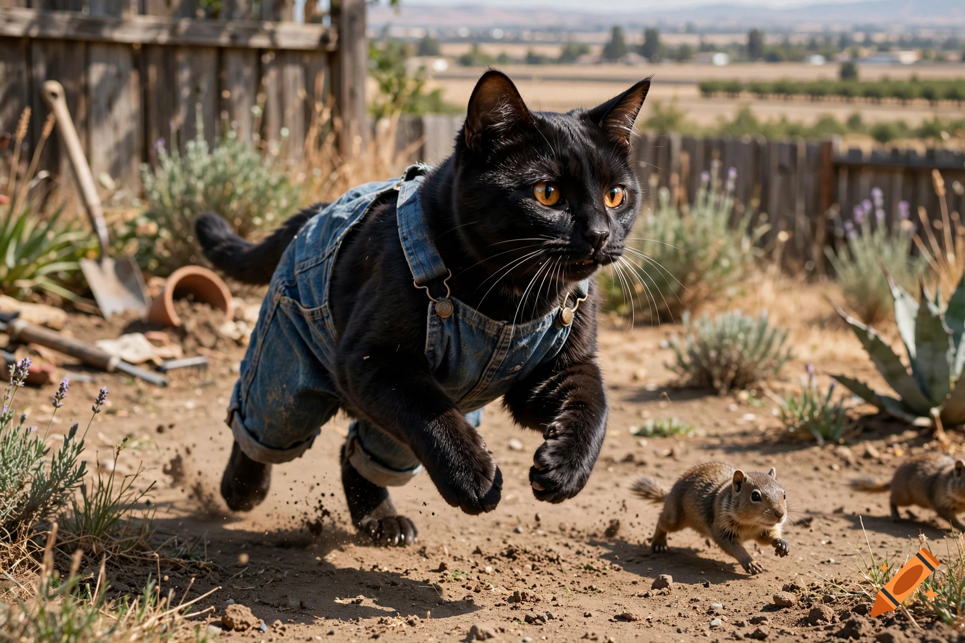 Photorealistic image of a black cat wearing blue denim overalls, running and chasing a gopher in a backyard.