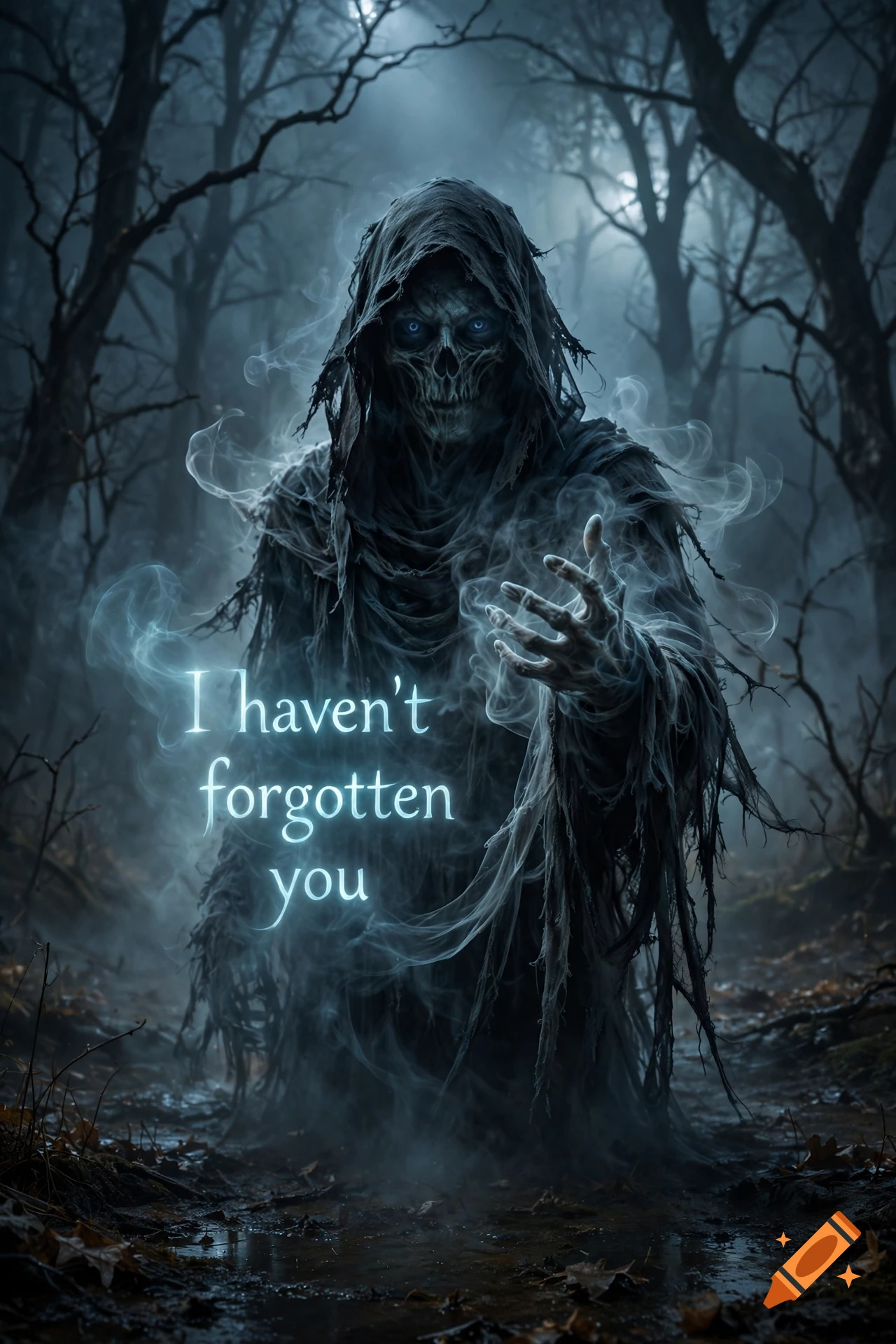 A glowing wraith in a dark, misty forest reaching out with text reading 'I haven't forgotten you', dark fantasy style.