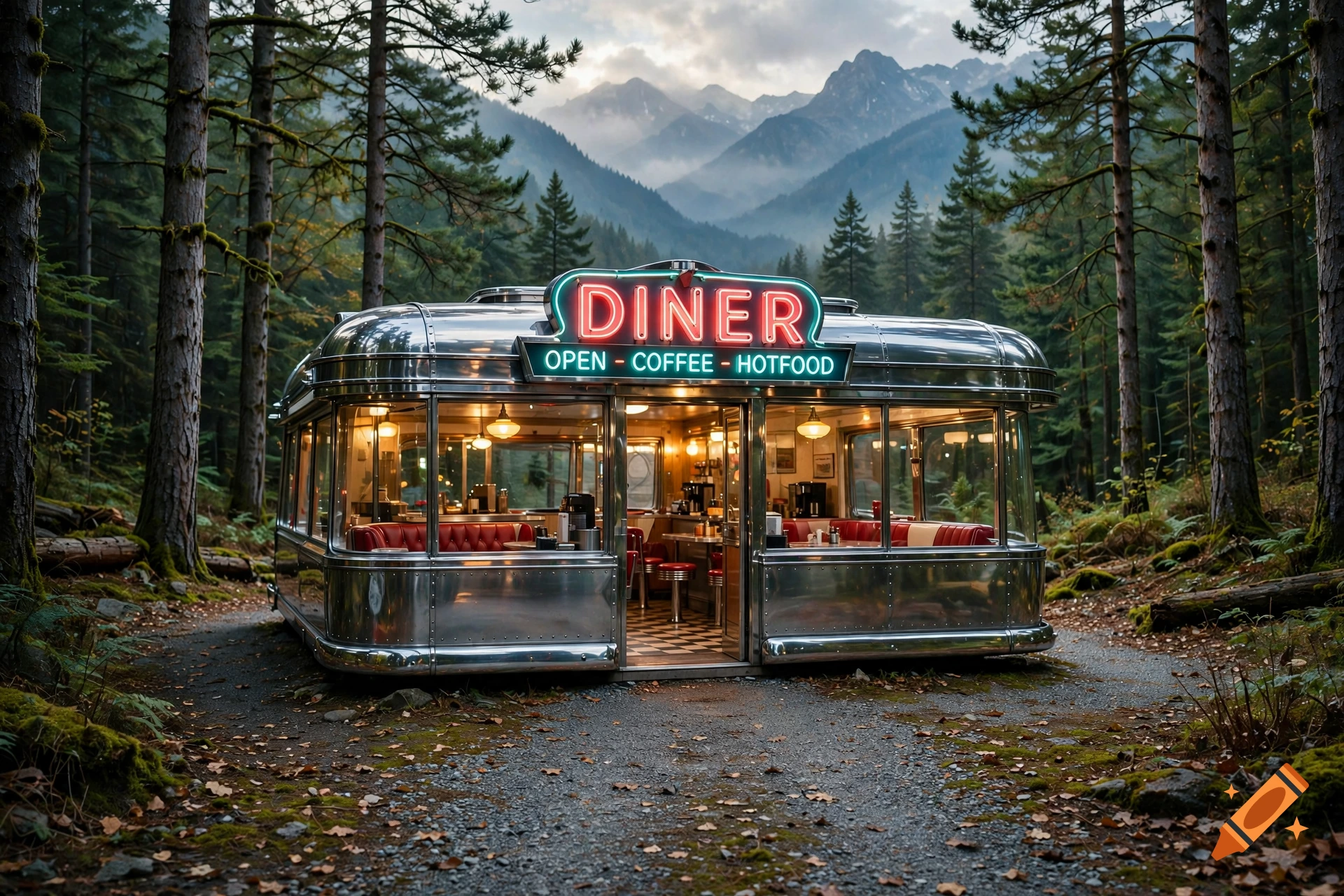 Photorealistic 1950s style retro chrome diner set in a dense pine forest with misty mountains in the background.