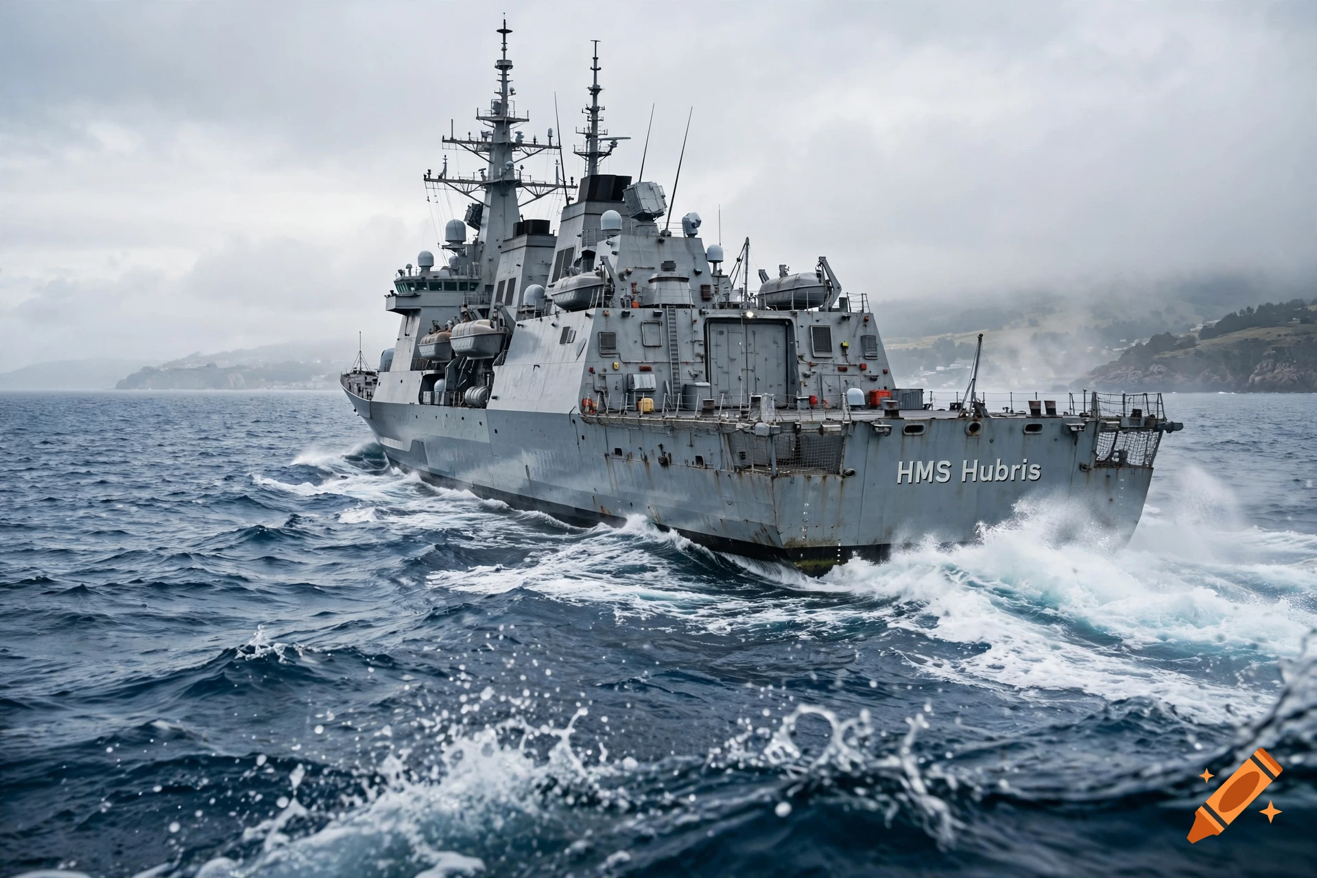 Photorealistic warship HMS Hubris navigating rough, choppy ocean waters under a cloudy sky.