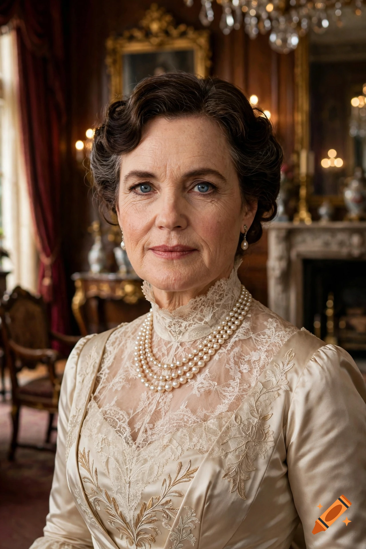 Photorealistic portrait of a woman in an Edwardian vintage dress and pearl necklace inside a luxury mansion.