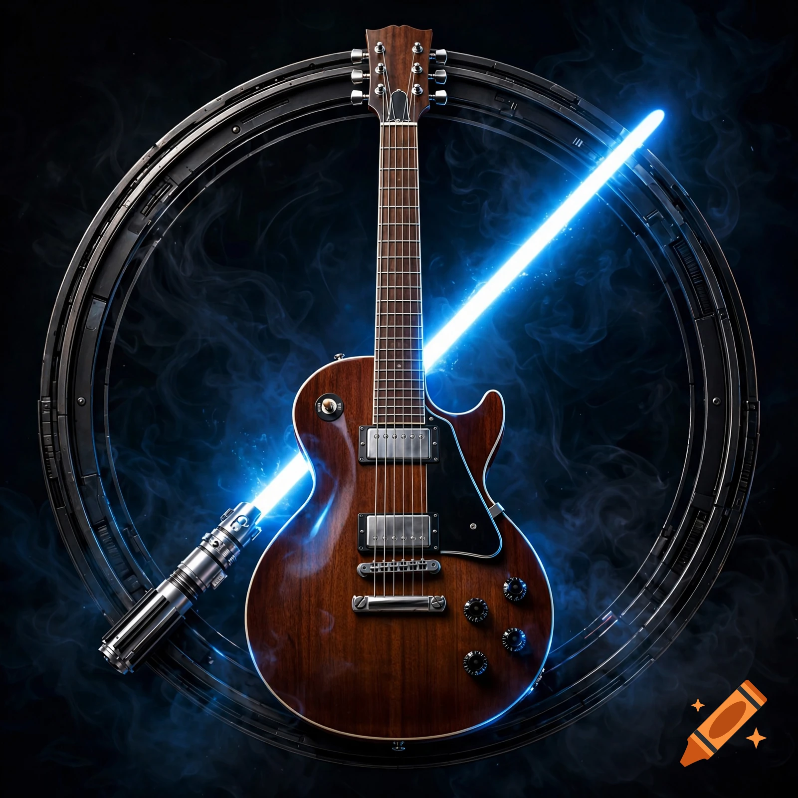A photorealistic acoustic-electric guitar positioned in front of a circular metallic ring with a glowing blue lightsaber behind it on a dark smoky background.