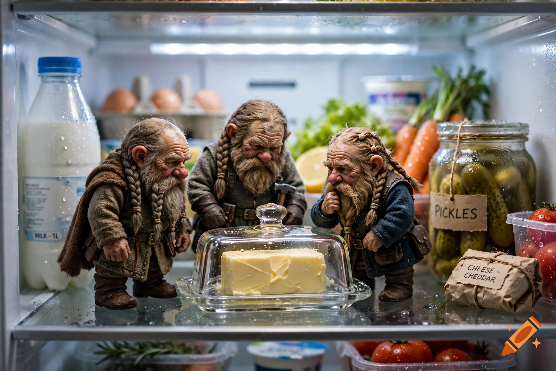 Three miniature gnomes standing inside a refrigerator examining a glass butter dish, with milk, pickles, and cheese.