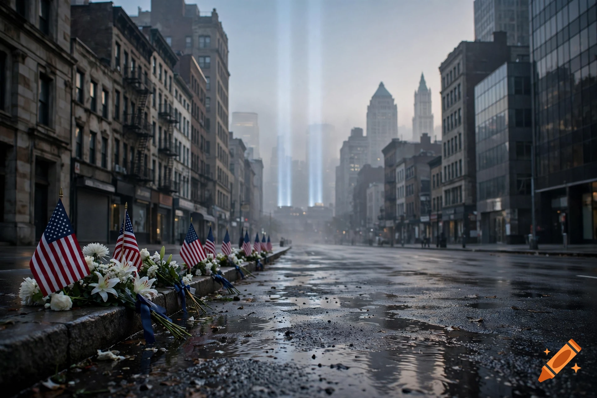 Photorealistic view of a wet New York City street with American flags and flowers along the curb, and twin light beams in the foggy distance.