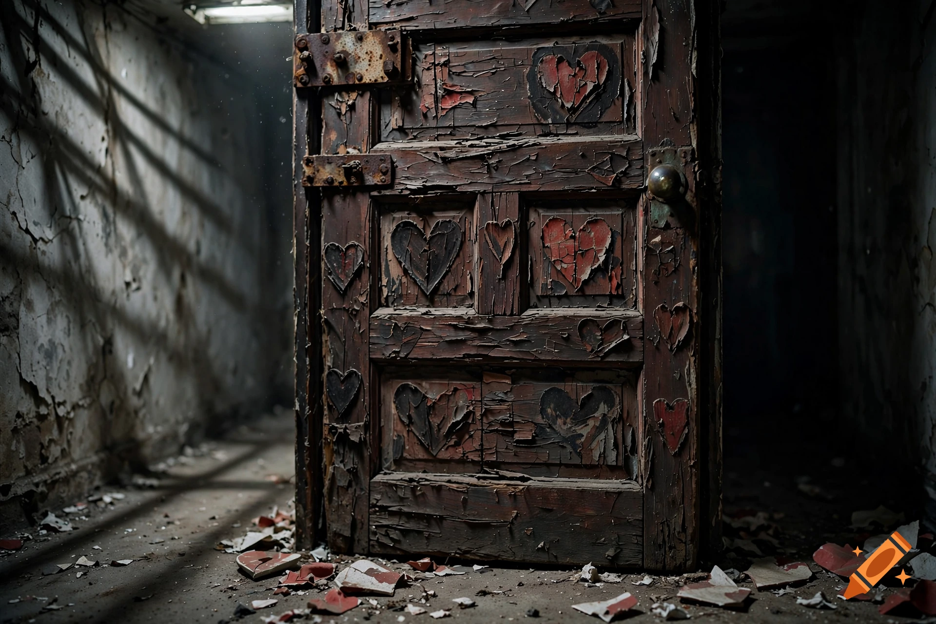 An old, weathered wooden door in a dark, peeling hallway, decorated with dark carved and painted hearts, with debris on the floor.