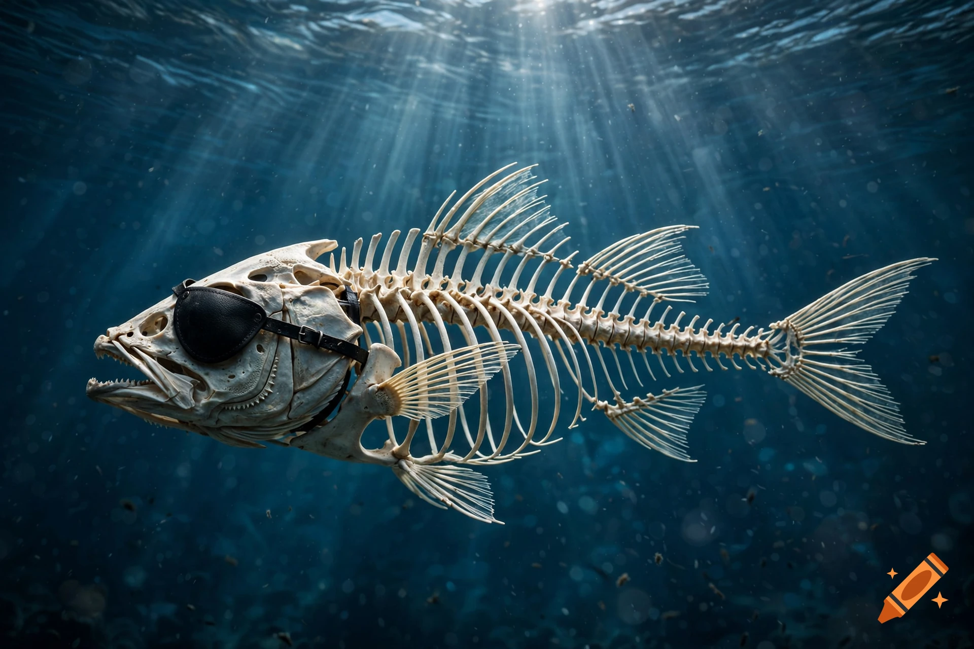Photorealistic fish skeleton with a black pirate eye patch swimming underwater in the deep ocean with light rays.