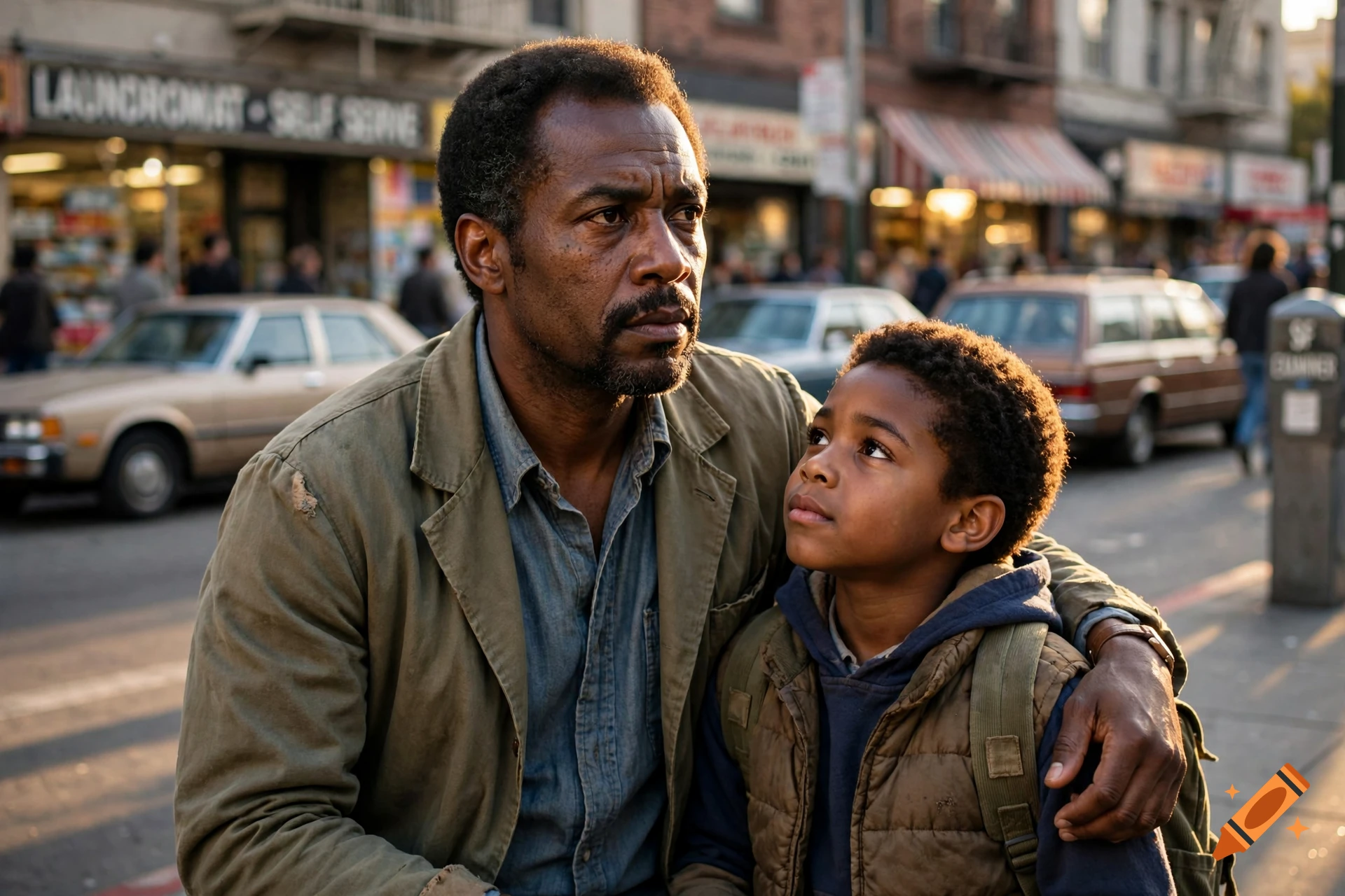 Photorealistic scene of a concerned father and his young son on a bustling city street, inspired by Pursuit of Happyness.