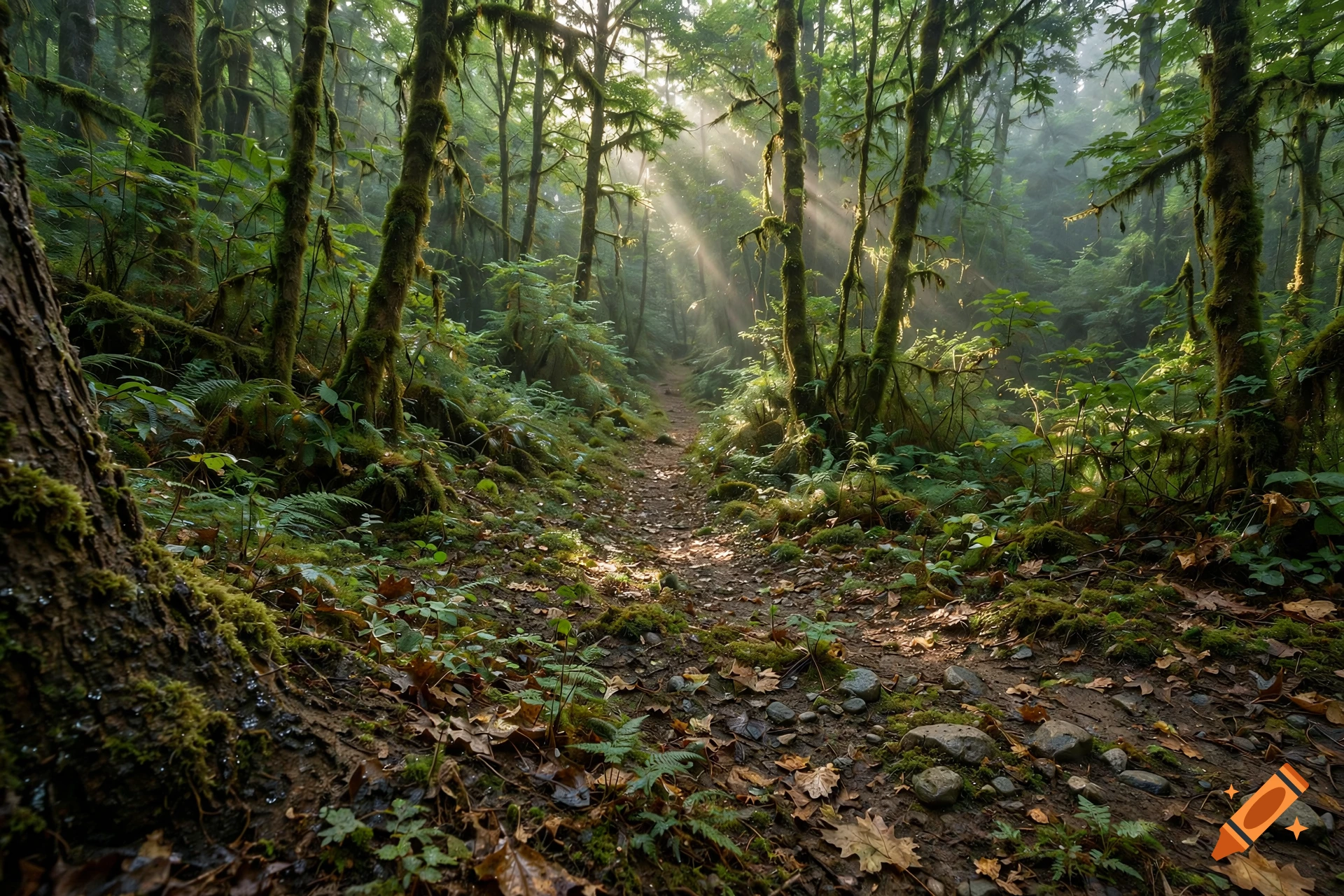 Photorealistic image of a mossy forest path with sunlight filtering through the trees.