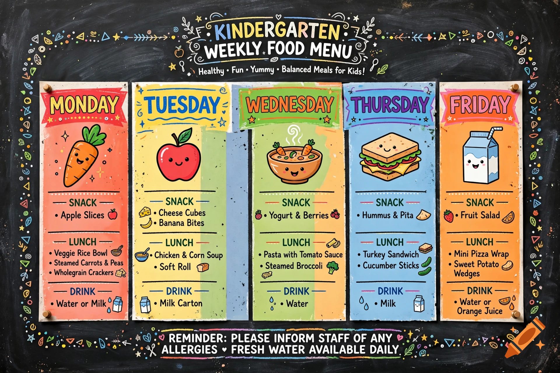 Chalkboard style kindergarten weekly food menu poster with five colorful columns for Monday through Friday, featuring cute food icons and text.