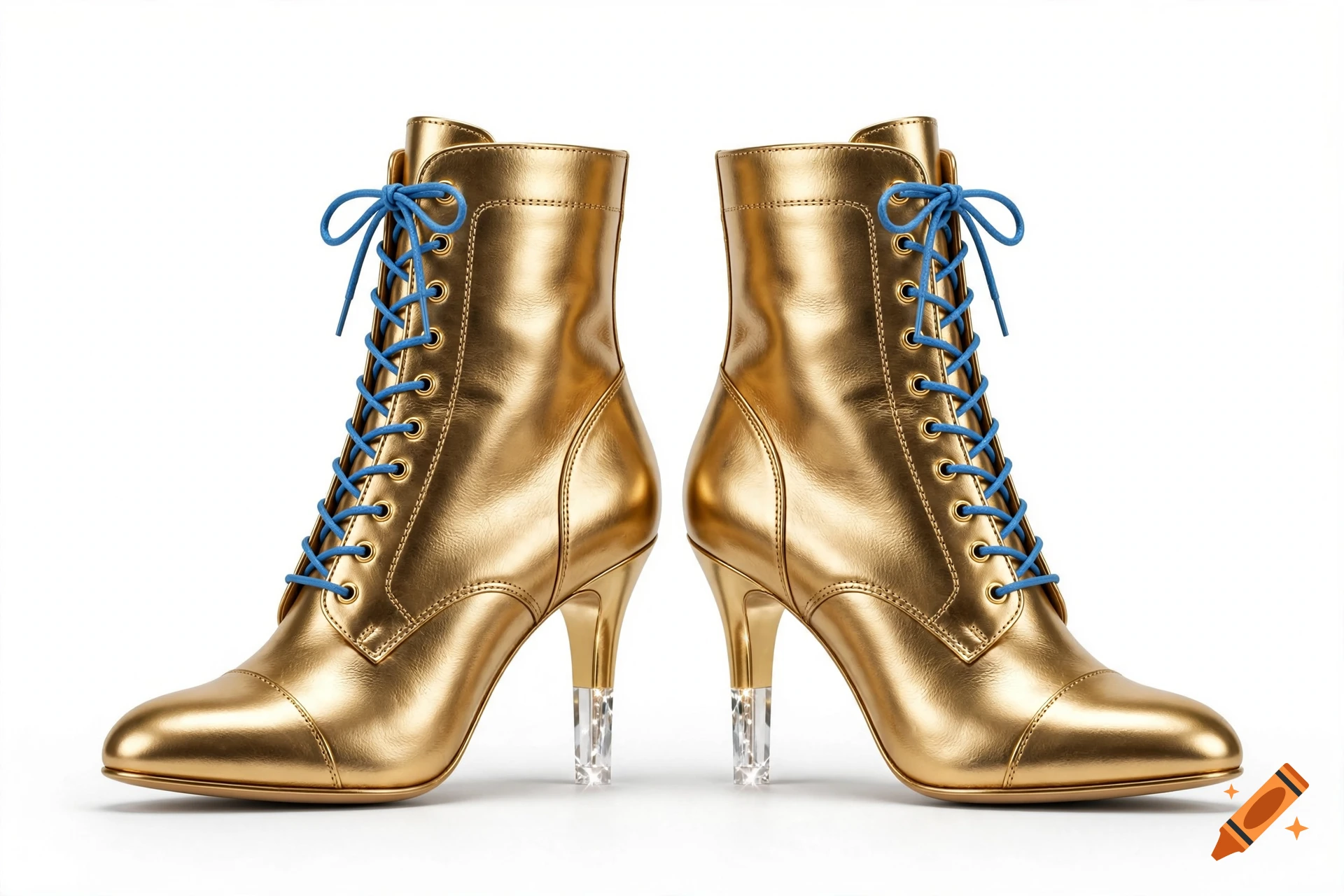 Photorealistic pair of shiny gold ankle boots with blue laces and clear crystal heels against a white background.