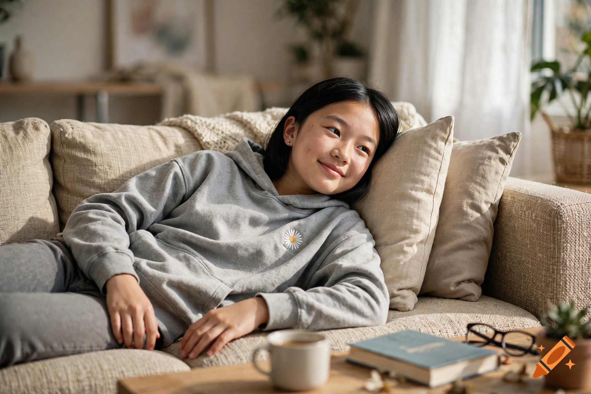 Photorealistic image of a young Asian girl lying on a beige sofa, smiling and looking away, in a brightly lit living room.