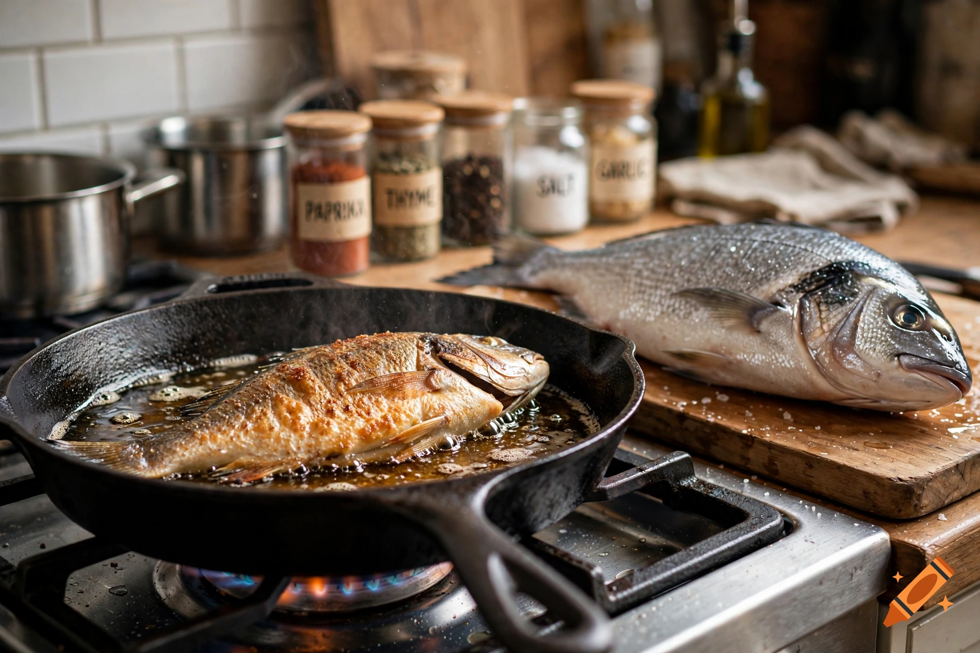 Photorealistic image of a fish frying in a skillet on a stove with another fish on a cutting board beside it.