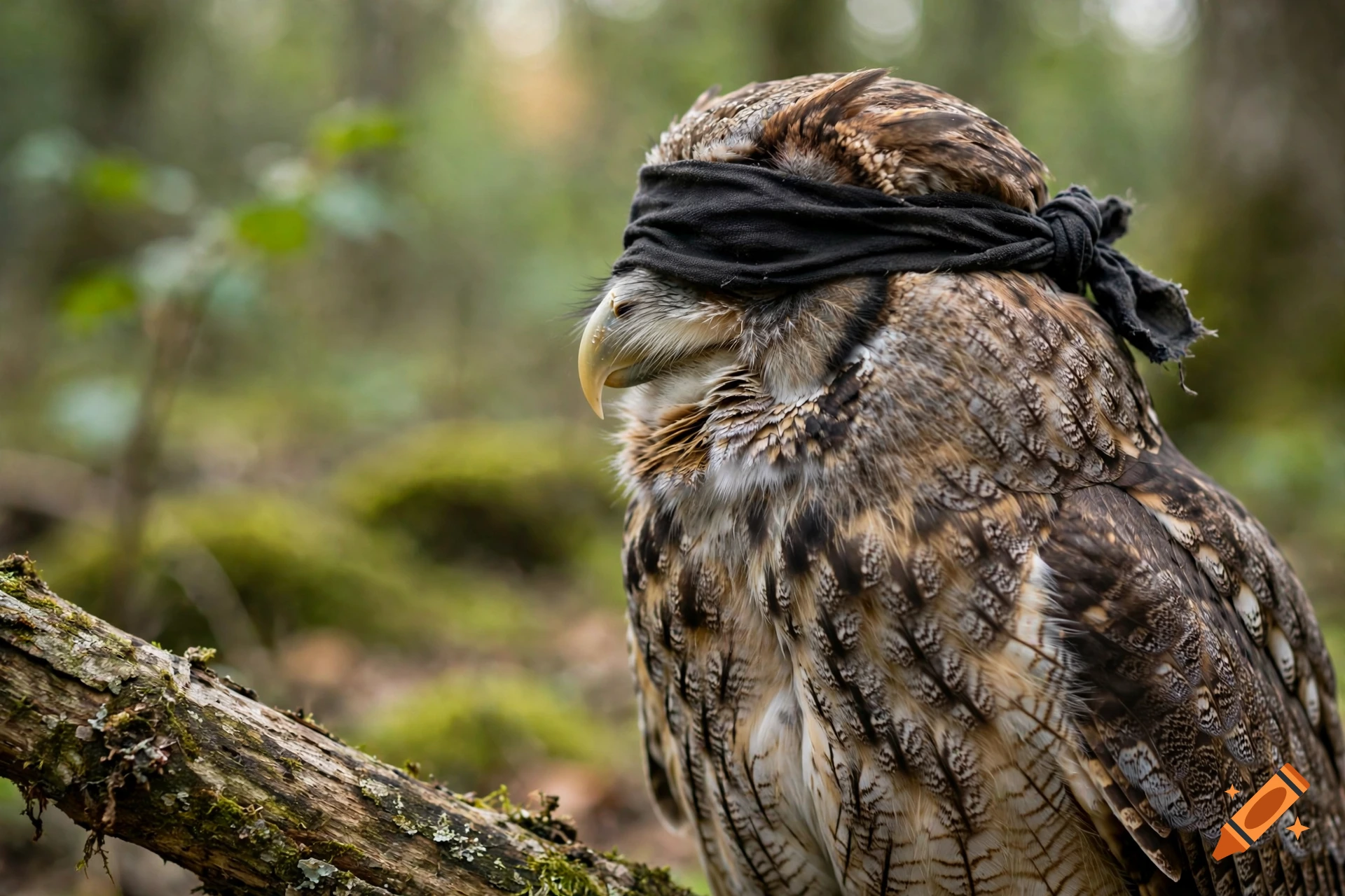 Photorealistic close-up of an owl perched on a mossy branch wearing a black blindfold in a forest.