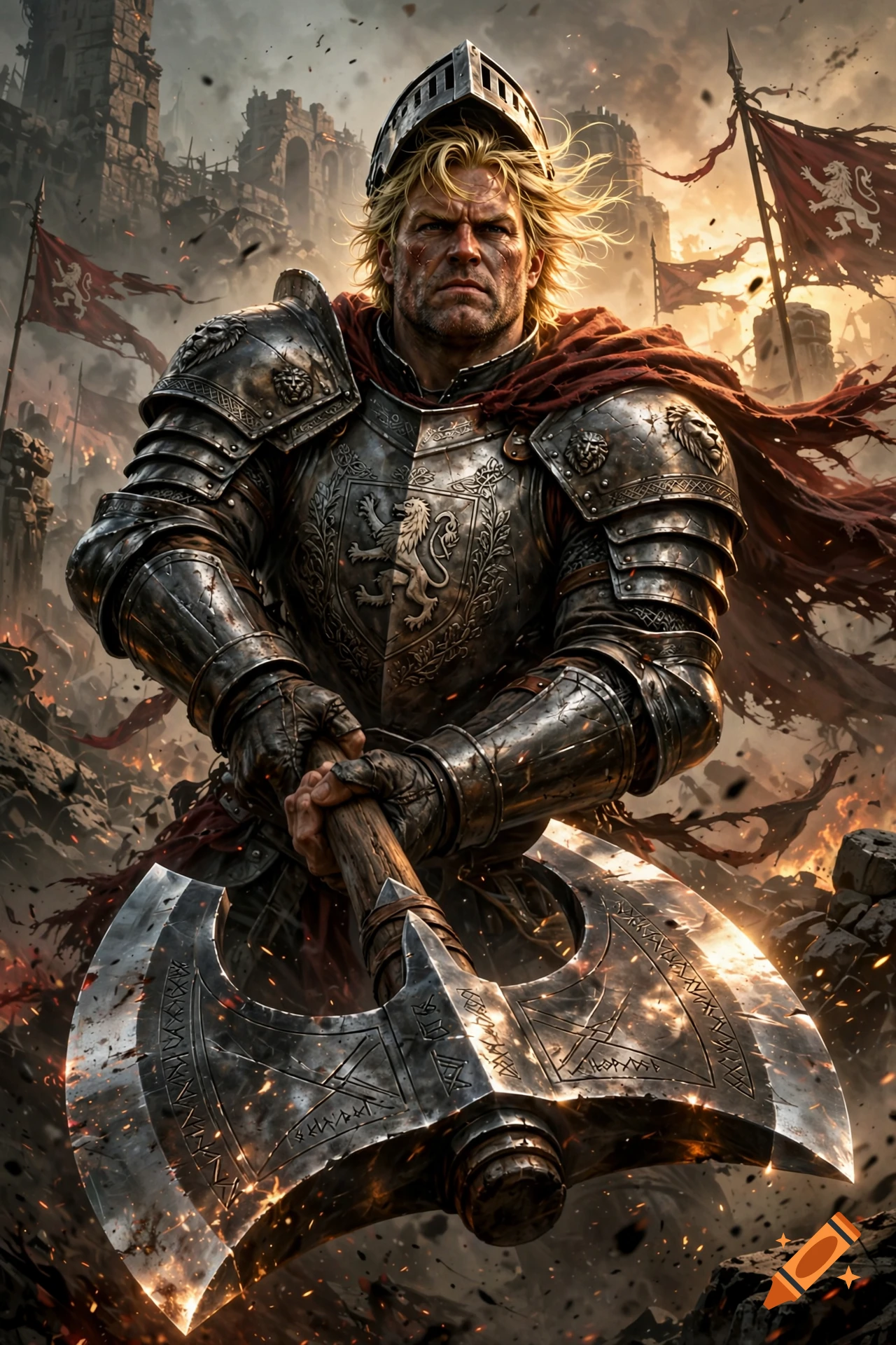 A stocky male knight in ornate plate armor with blonde hair holding a great axe in a battle scene, digital painting style.