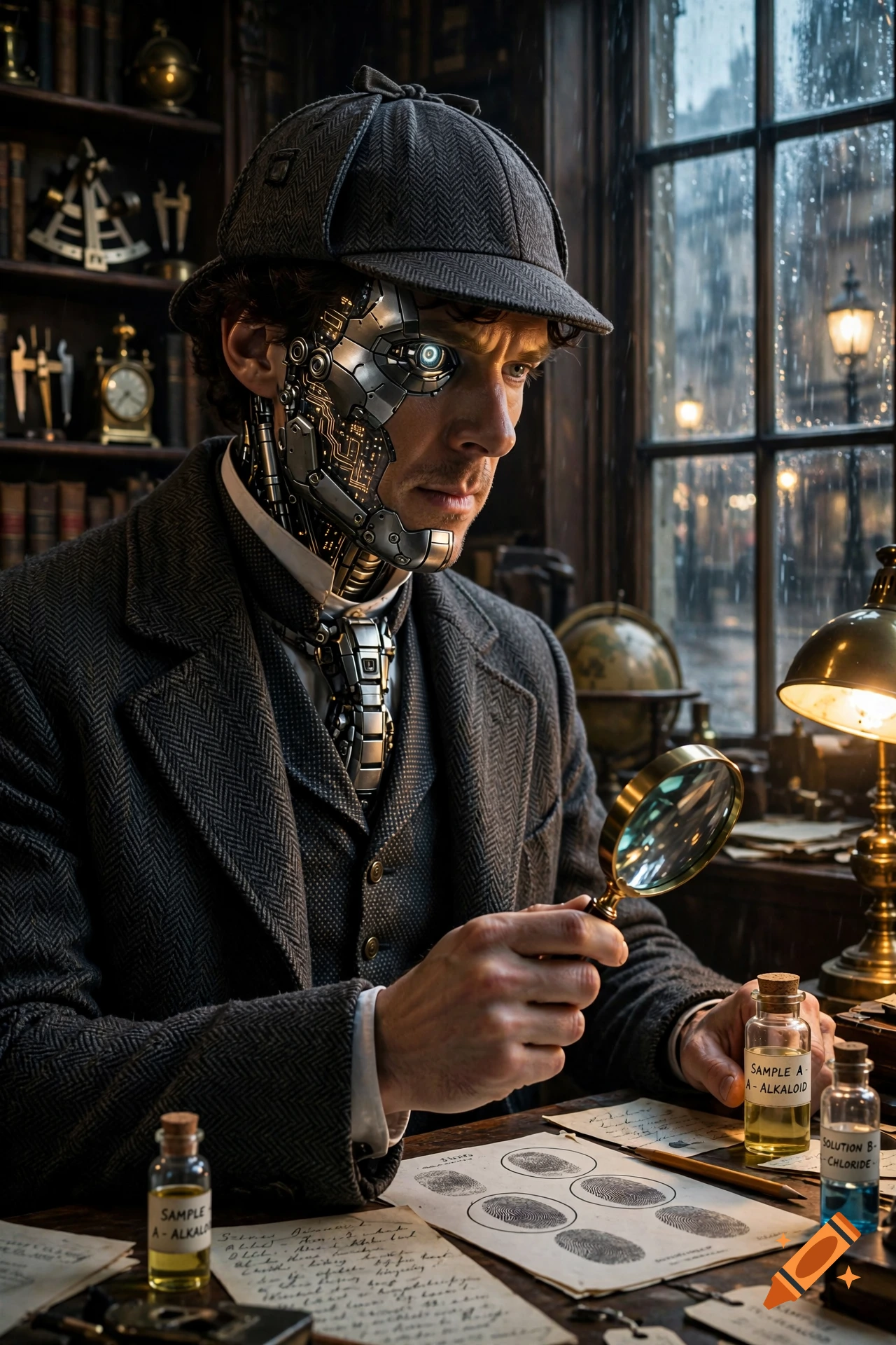 Photorealistic image of a Victorian-era Sherlock Holmes with a cyborg face and robotic eye, examining fingerprints with a magnifying glass at a desk.