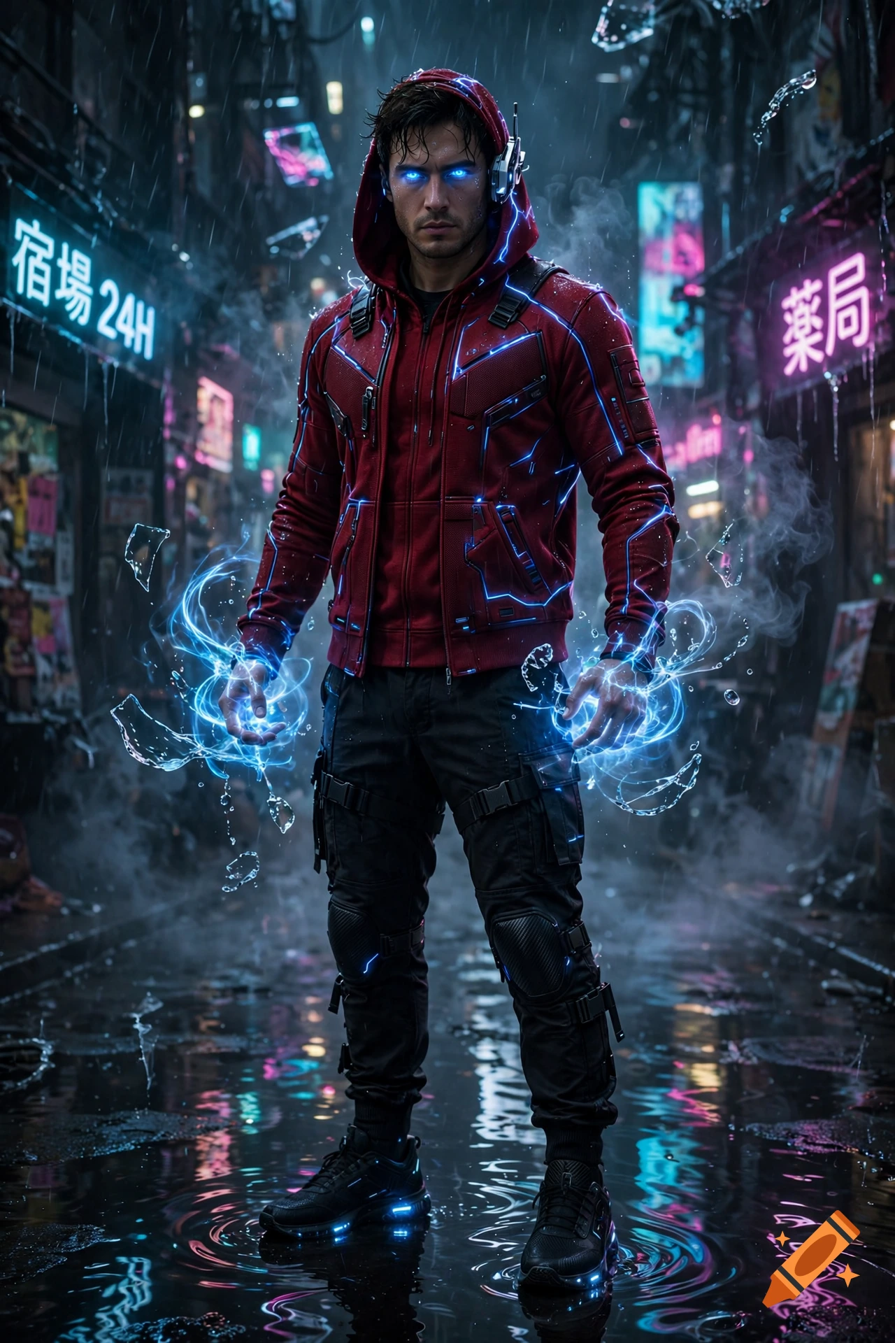 A man in a red hoodie and black pants stands in a rainy cybernetic city street, with glowing blue energy and electricity crackling around his hands and eyes.
