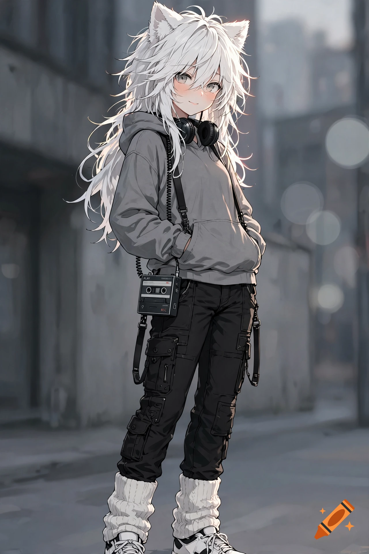 An anime-style character with white hair and cat ears, wearing a grey hoodie, black cargo pants, and headphones, standing on an urban street.