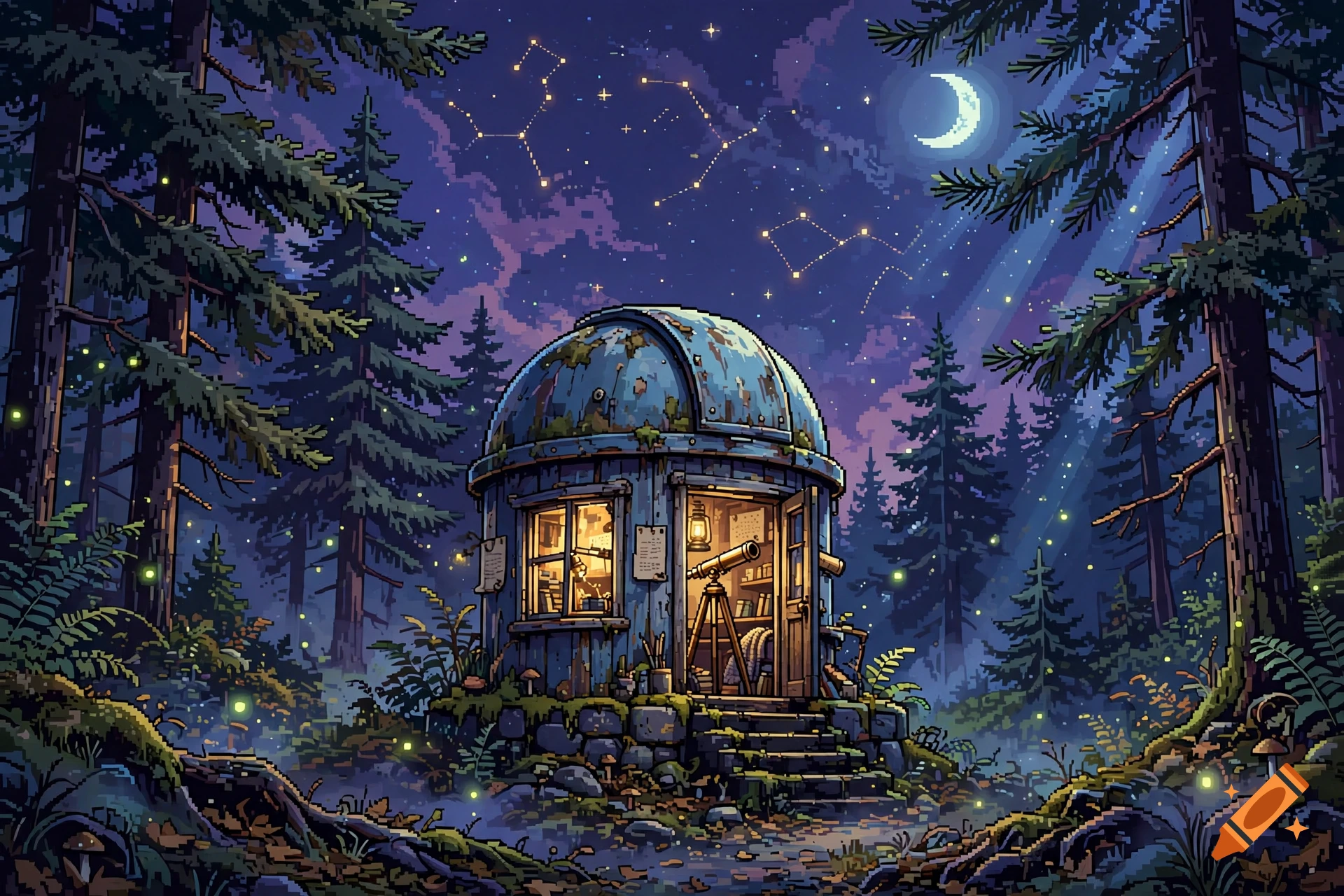 A glowing pixel art observatory stands in the middle of a dense, dark pine forest at night, beneath a starry sky with constellations and a crescent moon.