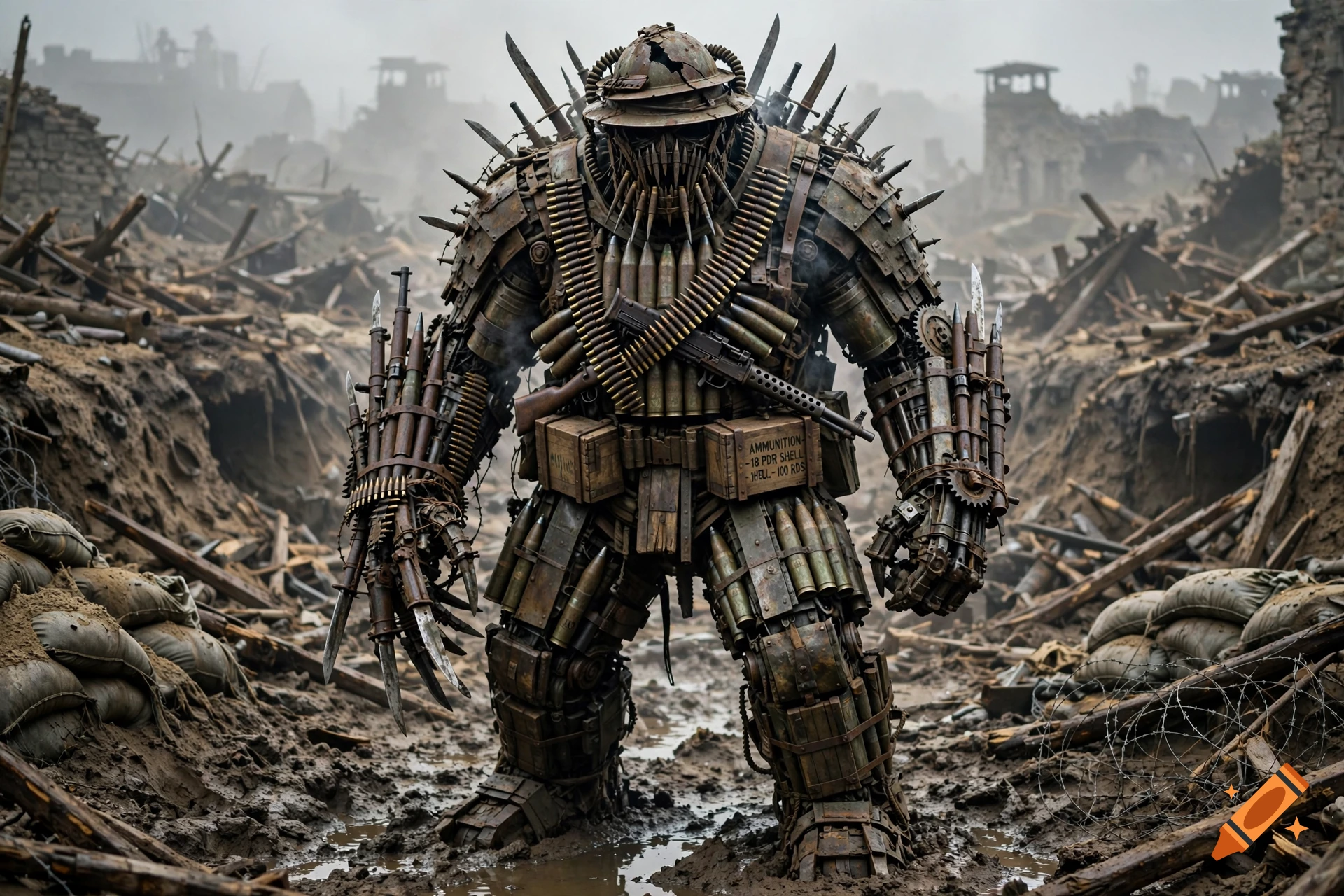 Photorealistic image of a menacing monster made entirely of World War 1 weapons, standing in a muddy trench amid war-torn ruins.