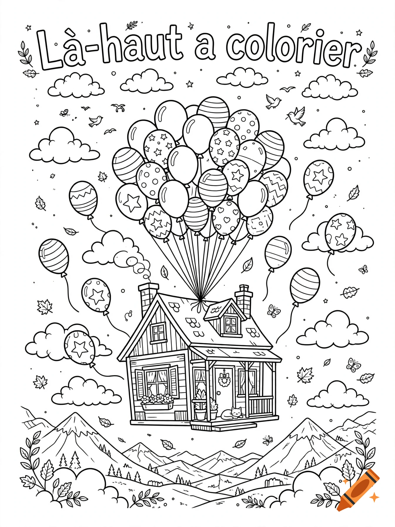 Black and white coloring page of a house flying with balloons over a landscape.