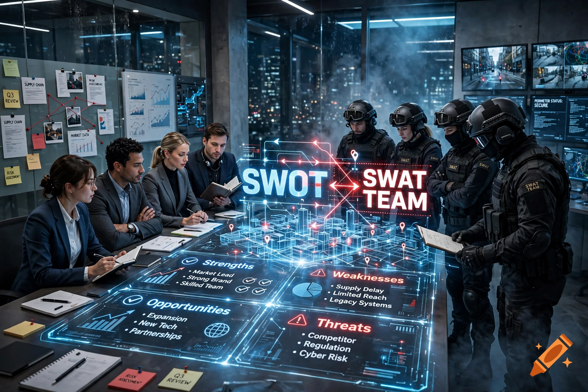 Photorealistic scene of a corporate team collaborating with a tactical SWAT team around a glowing holographic SWOT analysis table.