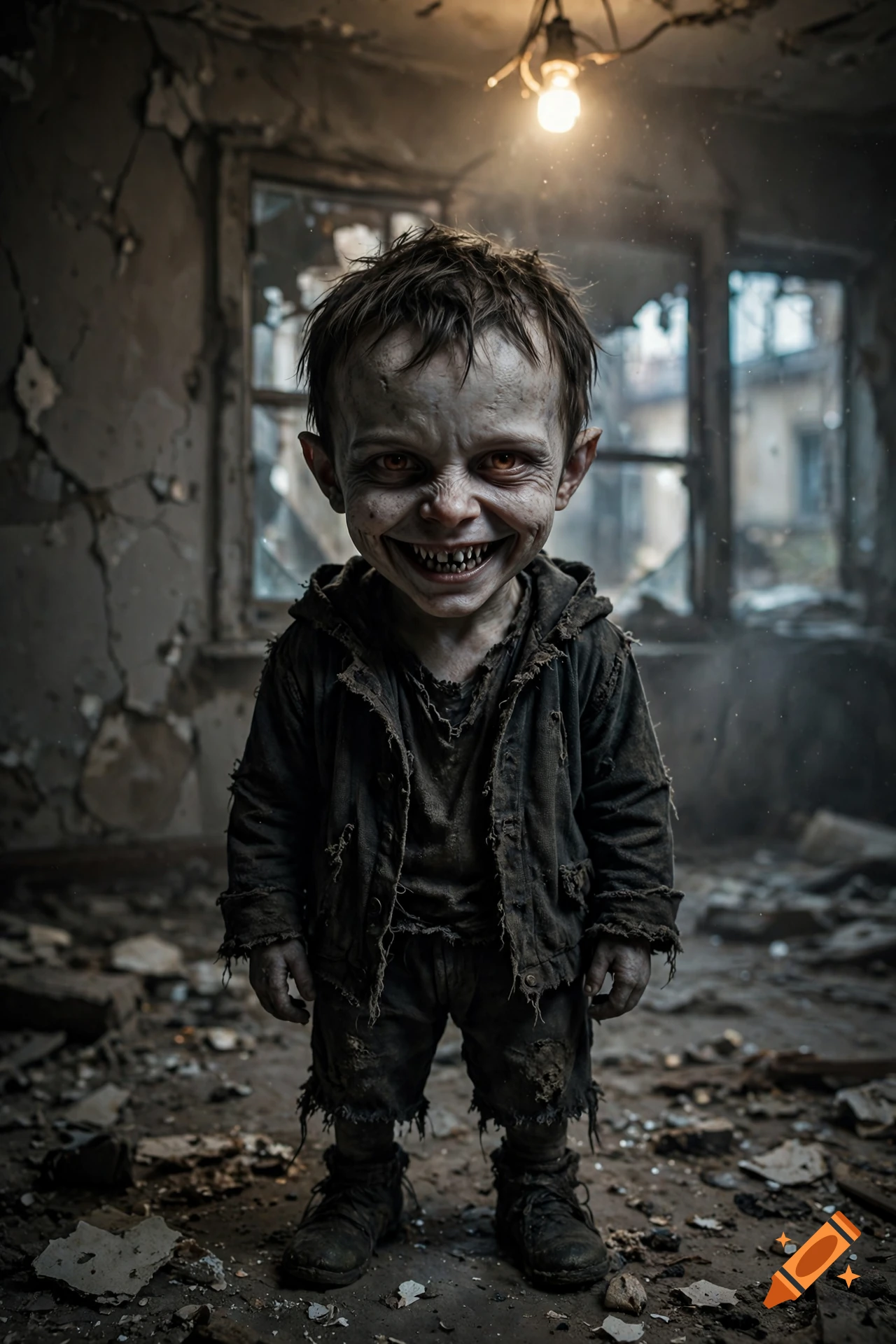 A creepy little person with a devilish grin and glowing red eyes standing in a ruined, rubble-filled room.