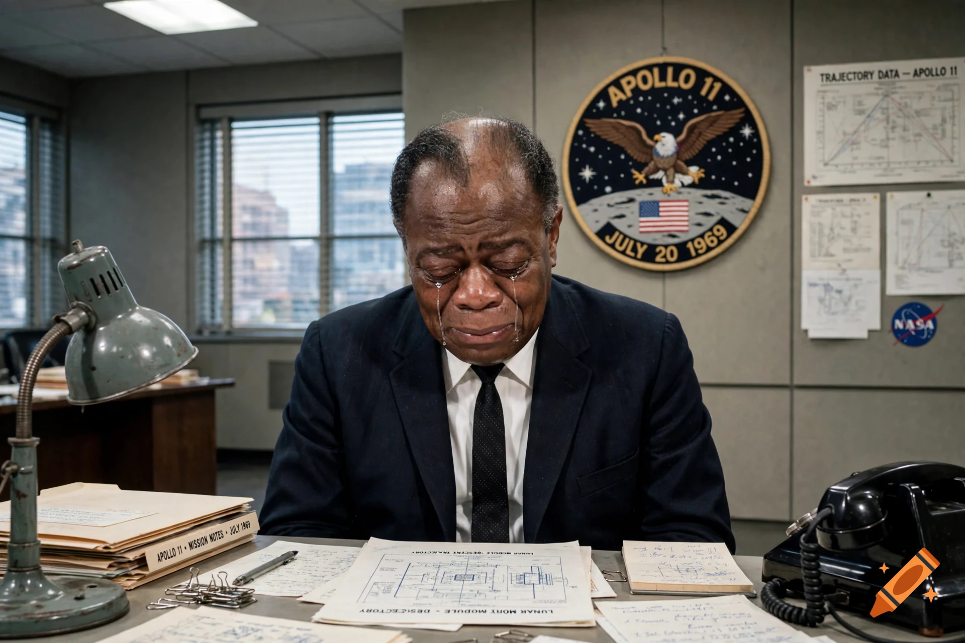 Photorealistic image of Louis Armstrong crying at a NASA desk with an Apollo 11 mission emblem on the wall behind him.
