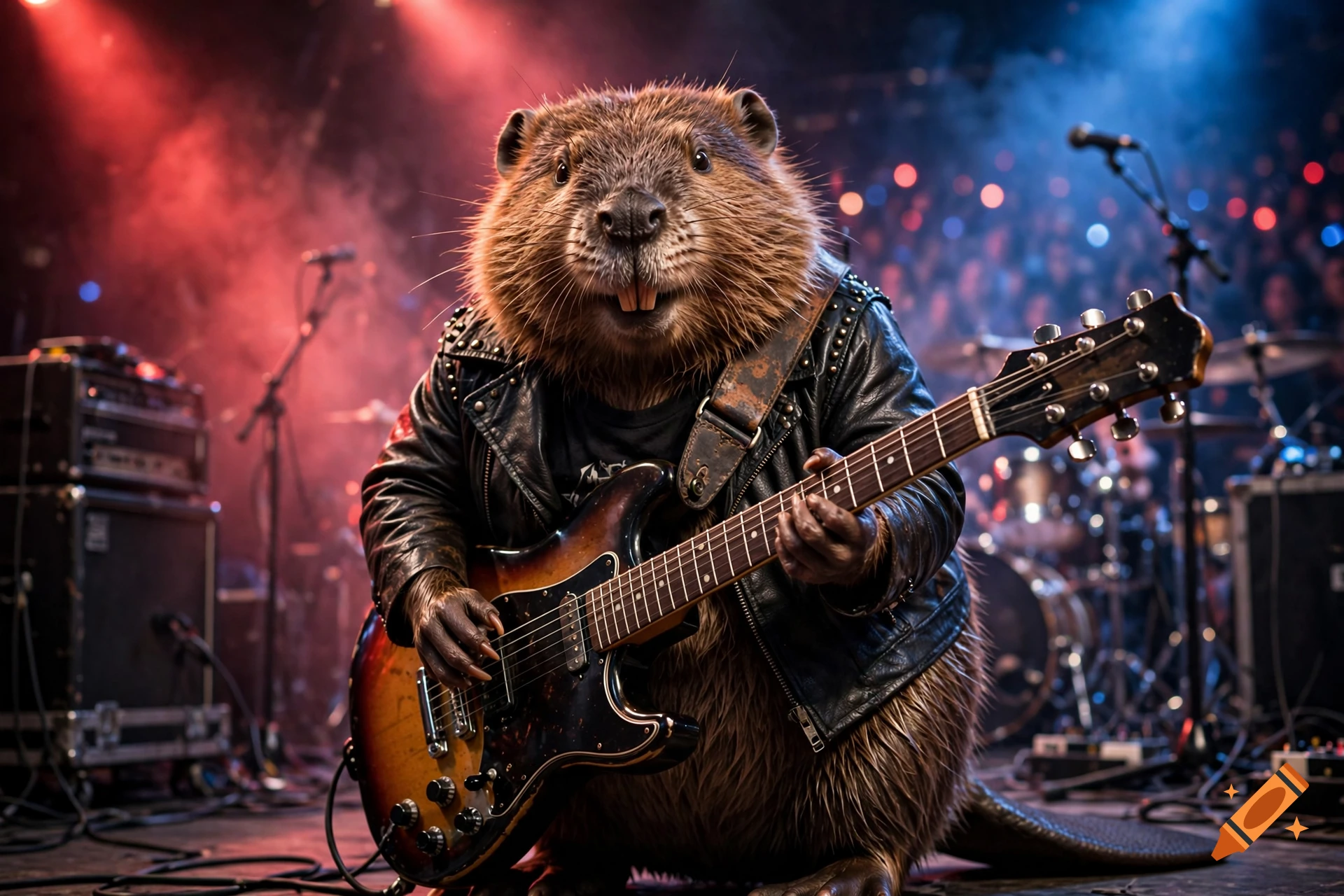 Photorealistic image of a beaver dressed as a rock star, playing an electric guitar on stage with stage lights and a crowd in the background.