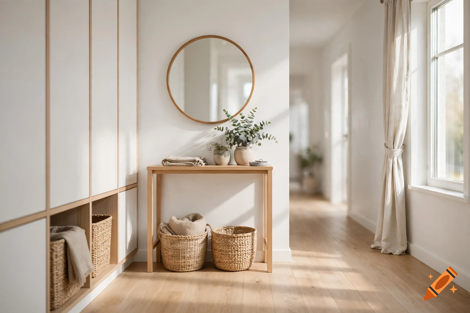Photorealistic Scandinavian hallway with white built-in wardrobes, wooden console table with mirror, and woven storage baskets.