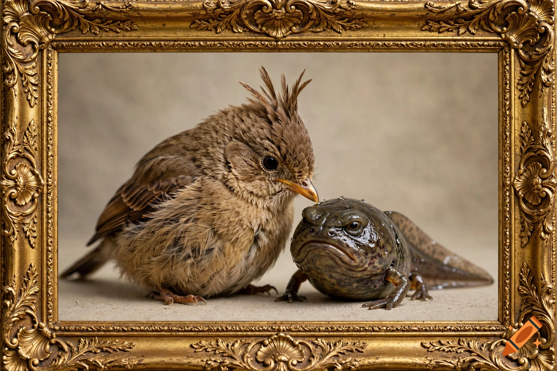 A fluffy brown bird with a crest on its head stands next to a grumpy-looking frog-like creature inside an ornate gold picture frame.