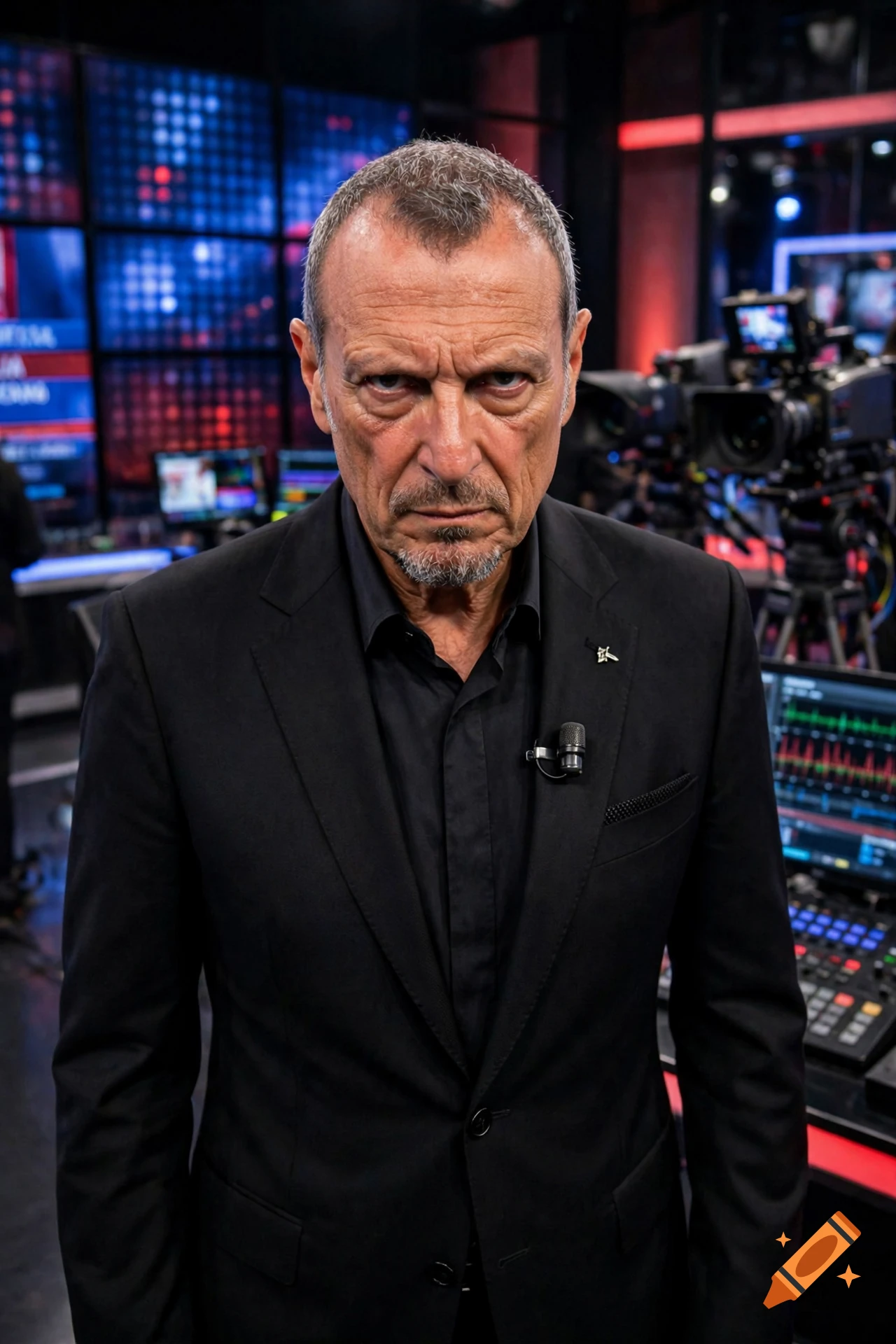 Photorealistic portrait of a serious Italian TV host wearing a black suit in a television studio.